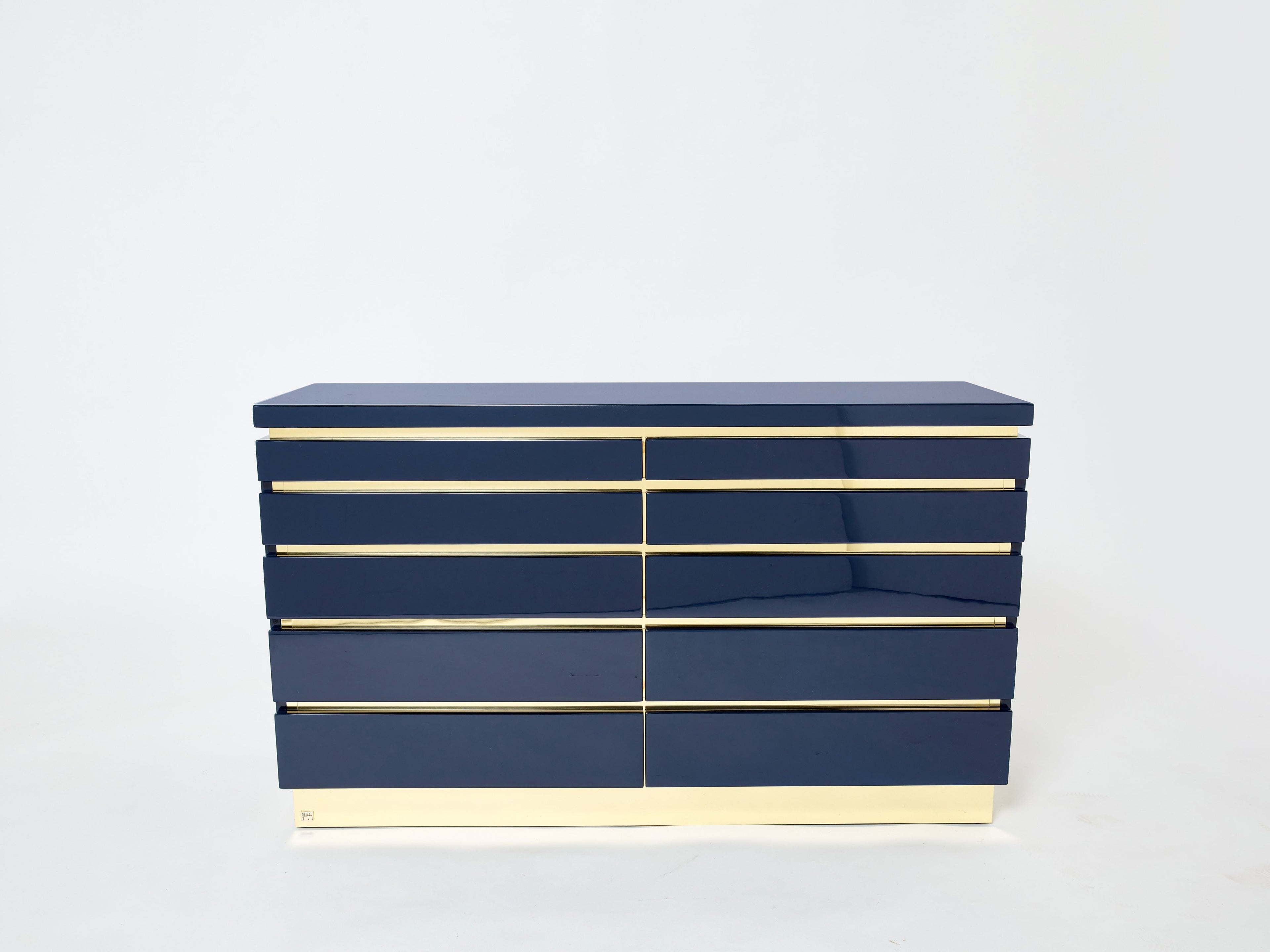 Pair of J.C. Mahey dark blue lacquered brass commodes 1970s