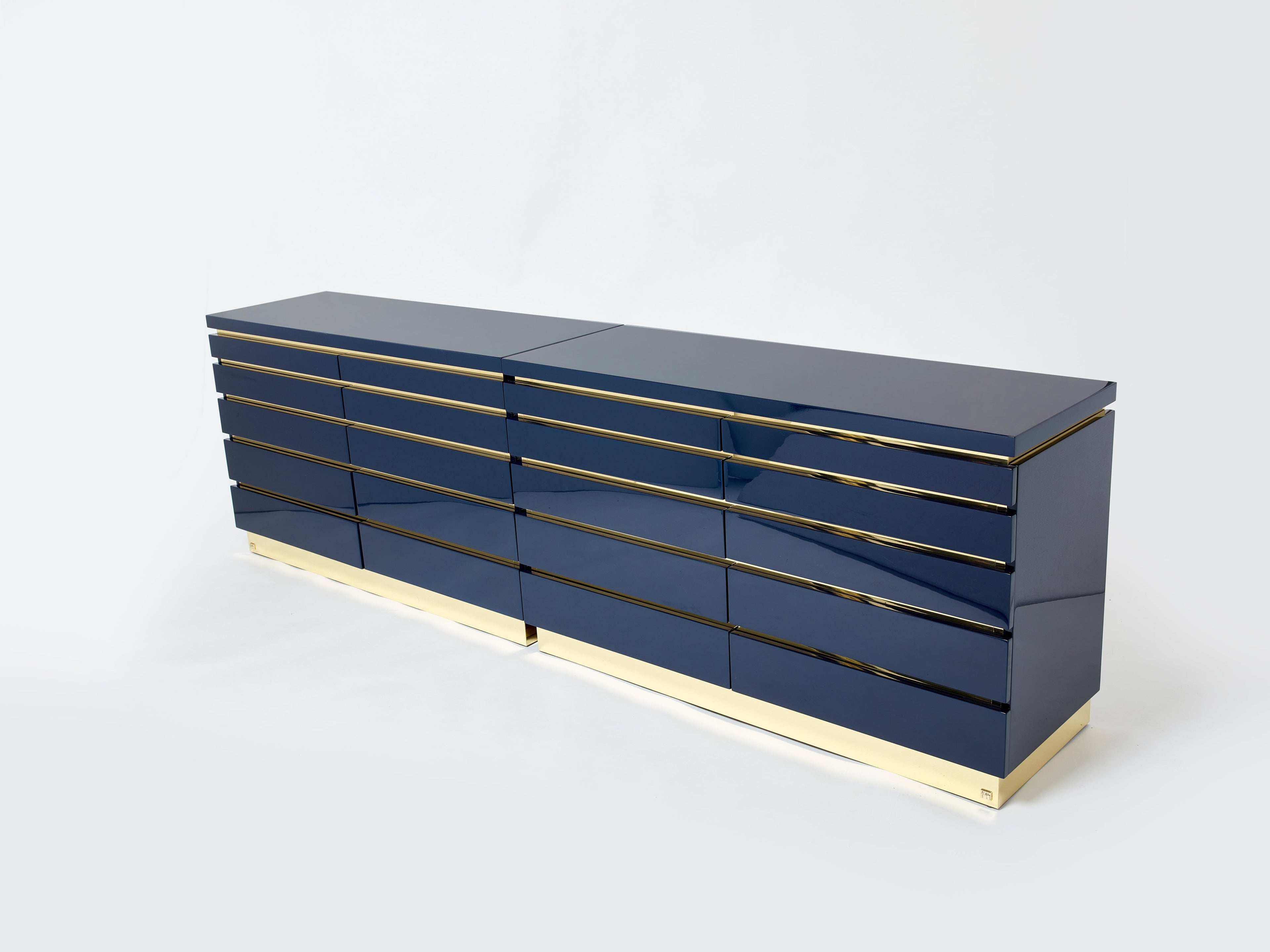 Pair of J.C. Mahey dark blue lacquered brass commodes 1970s