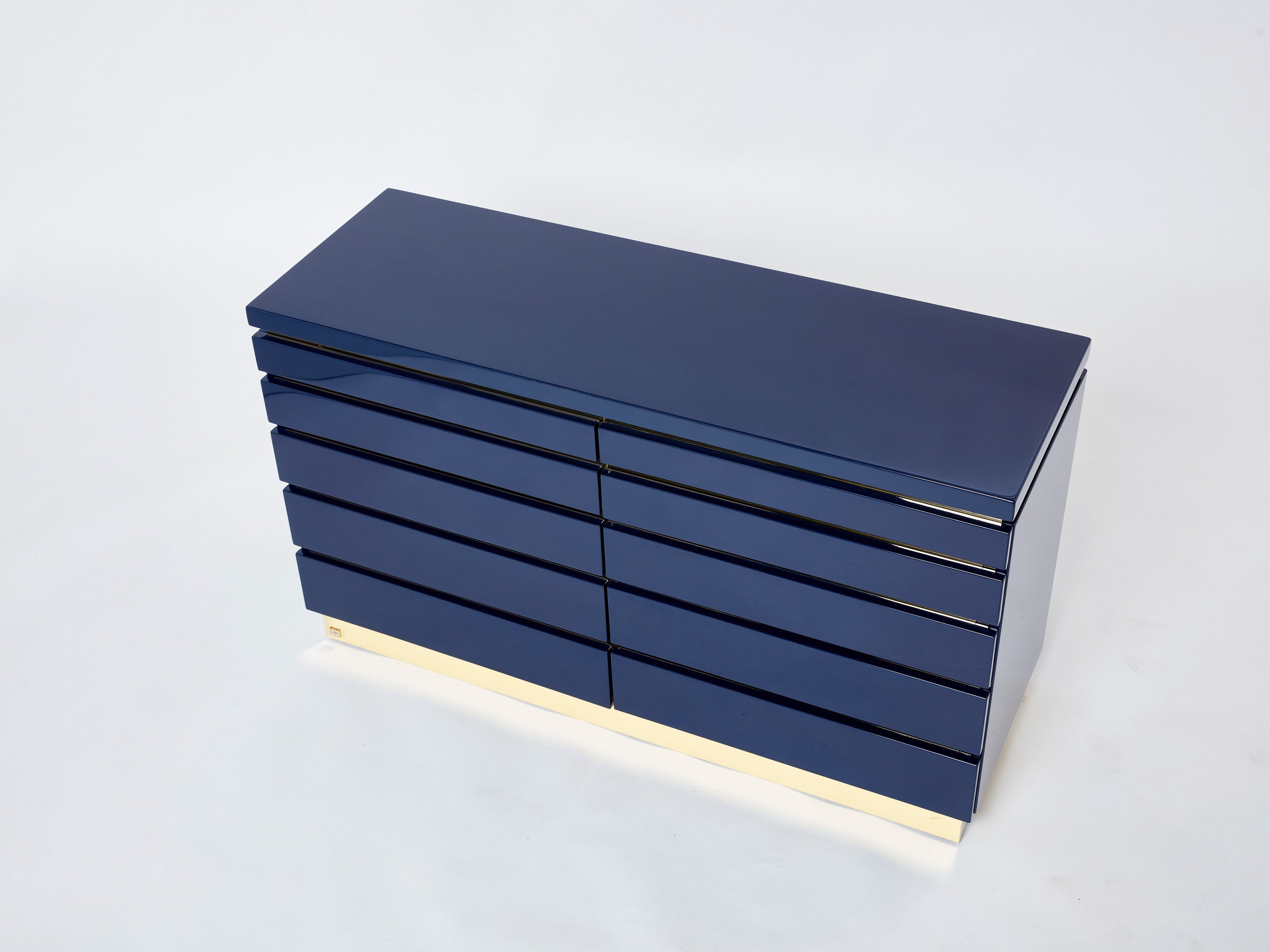 Pair of J.C. Mahey dark blue lacquered brass commodes 1970s