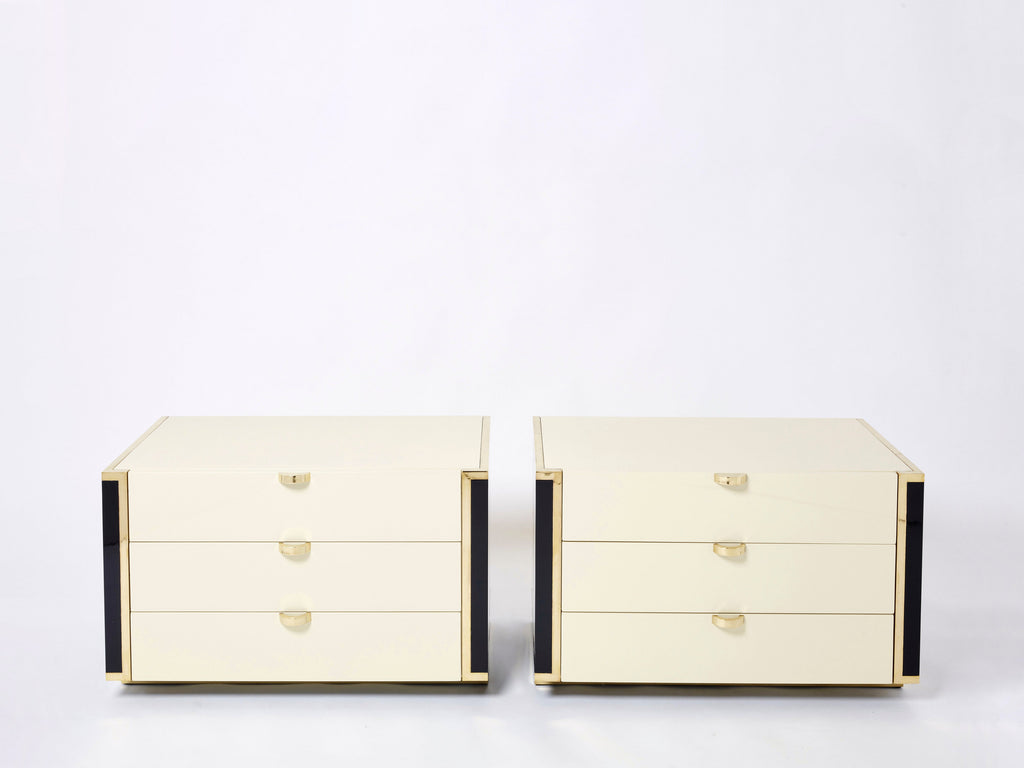Pair of small cream black lacquer brass commodes by J.C. Mahey 1970s