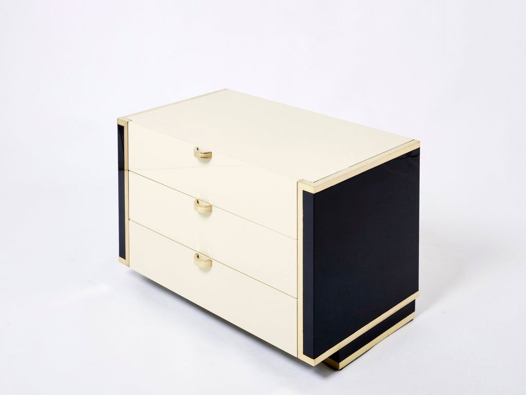 Pair of small cream black lacquer brass commodes by J.C. Mahey 1970s