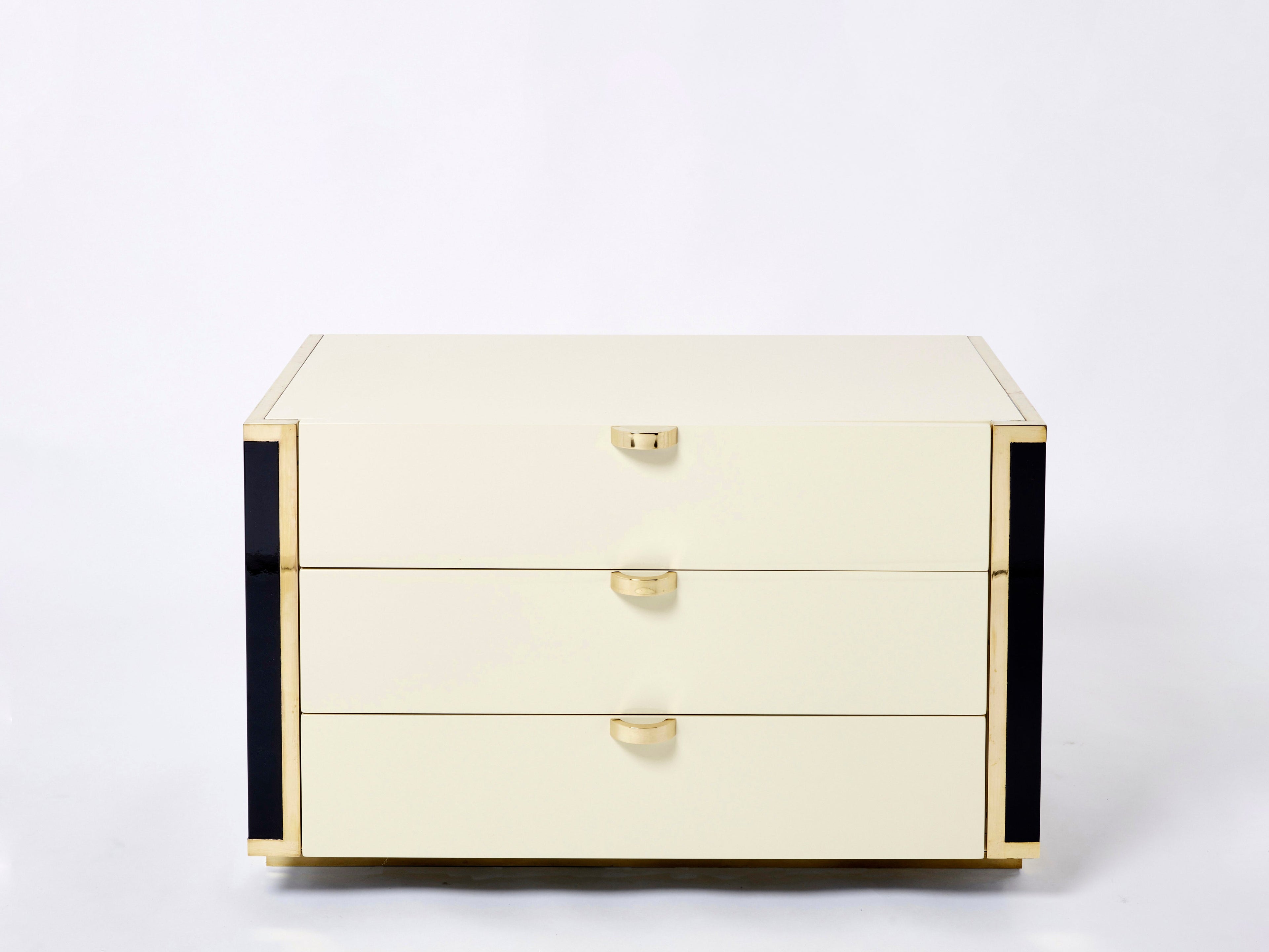 Pair of small cream black lacquer brass commodes by J.C. Mahey 1970s