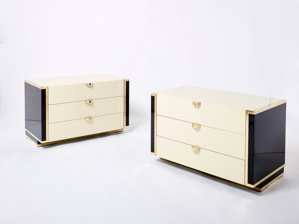 Pair of small cream black lacquer brass commodes by J.C. Mahey 1970s