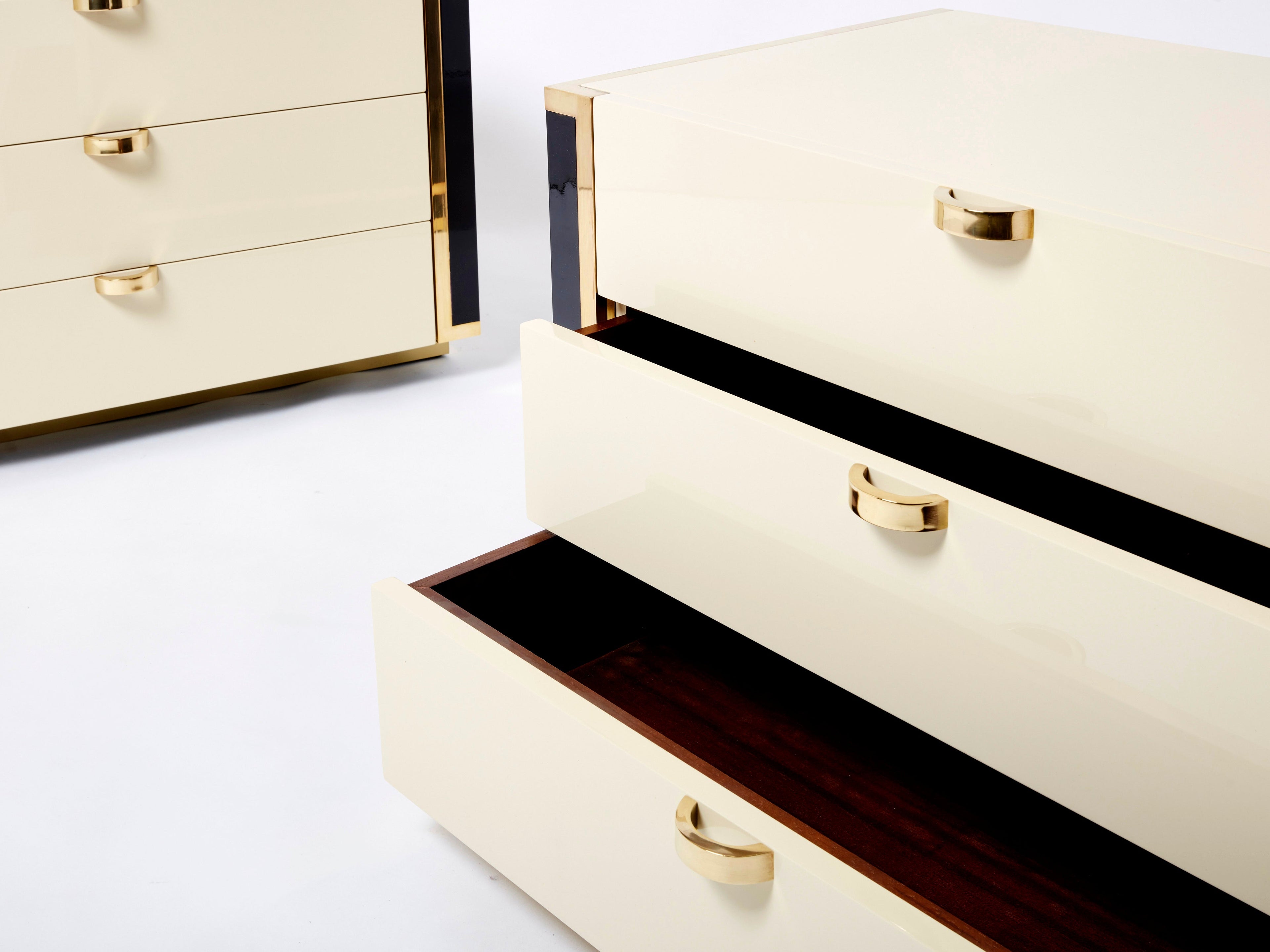 Pair of small cream black lacquer brass commodes by J.C. Mahey 1970s
