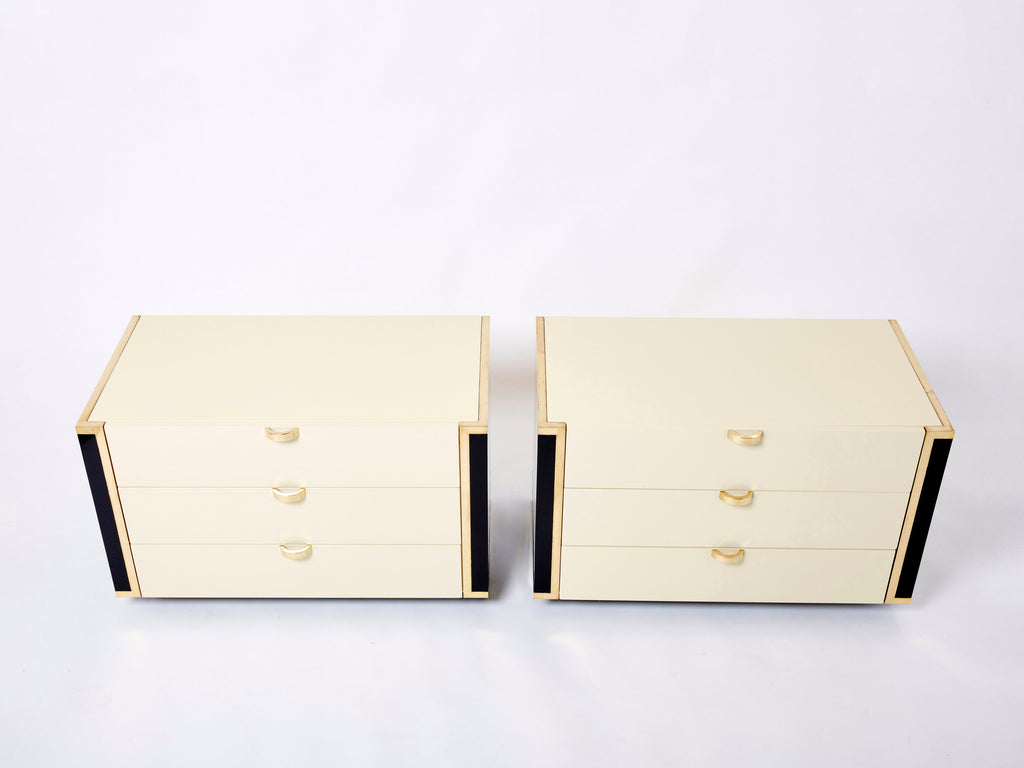 Pair of small cream black lacquer brass commodes by J.C. Mahey 1970s