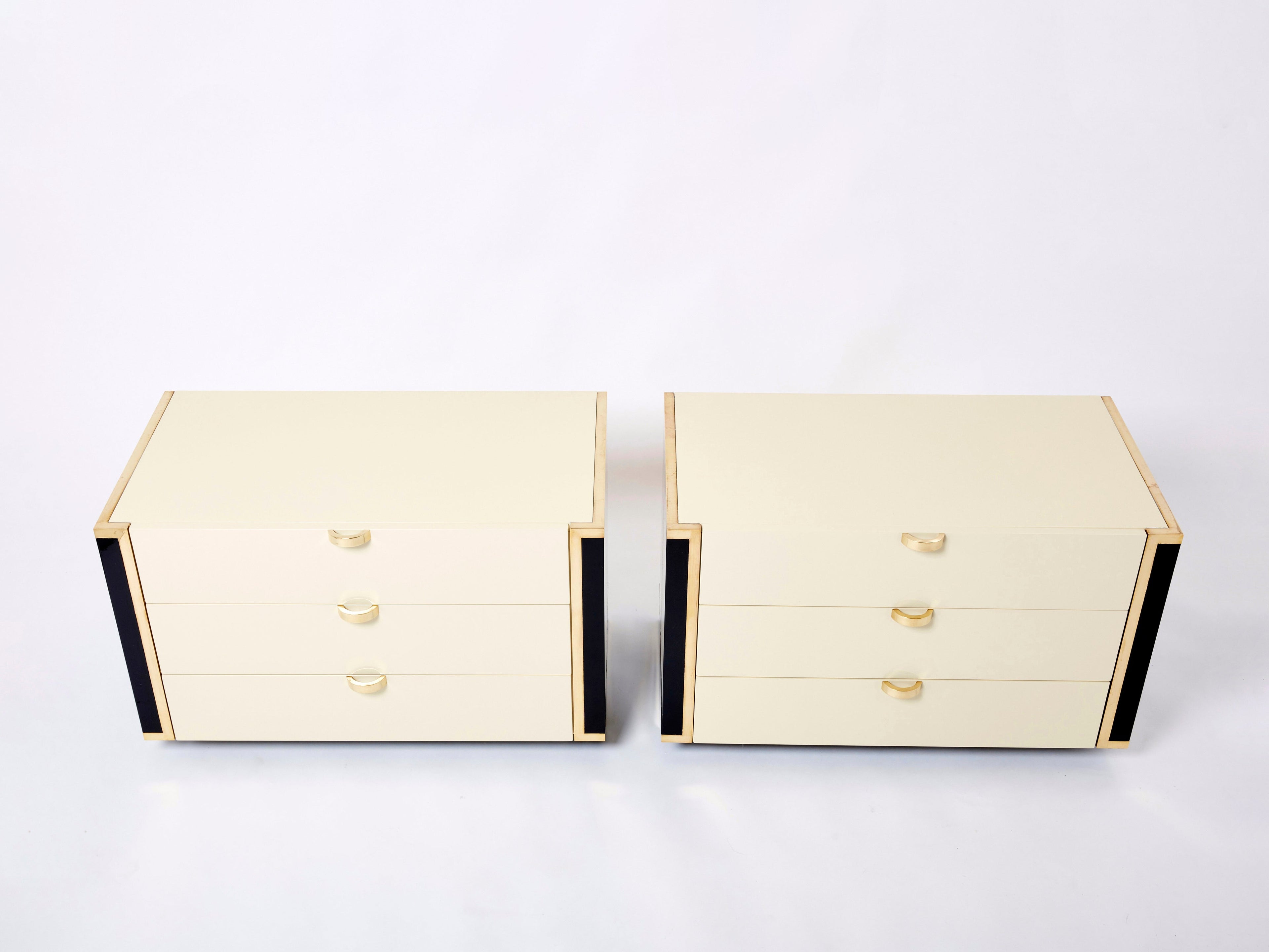 Pair of small cream black lacquer brass commodes by J.C. Mahey 1970s