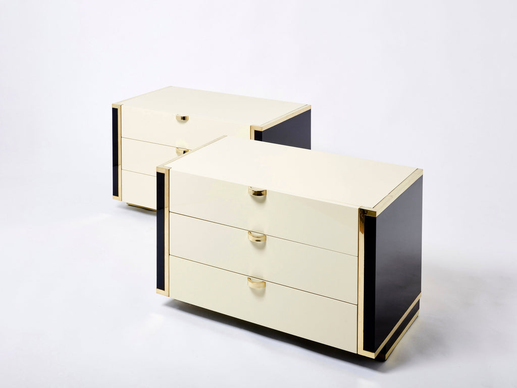 Pair of small cream black lacquer brass commodes by J.C. Mahey 1970s