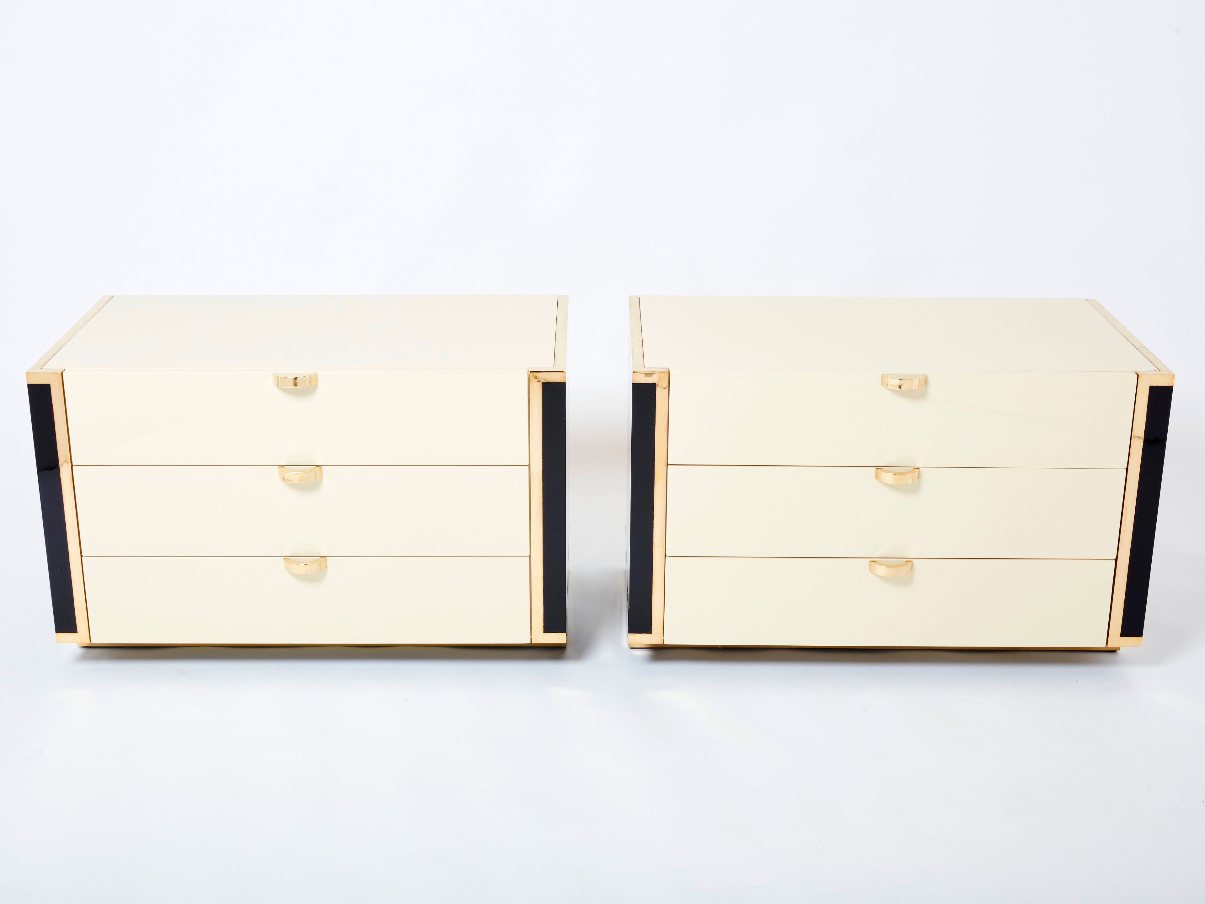 Pair of small cream black lacquer brass commodes by J.C. Mahey 1970s