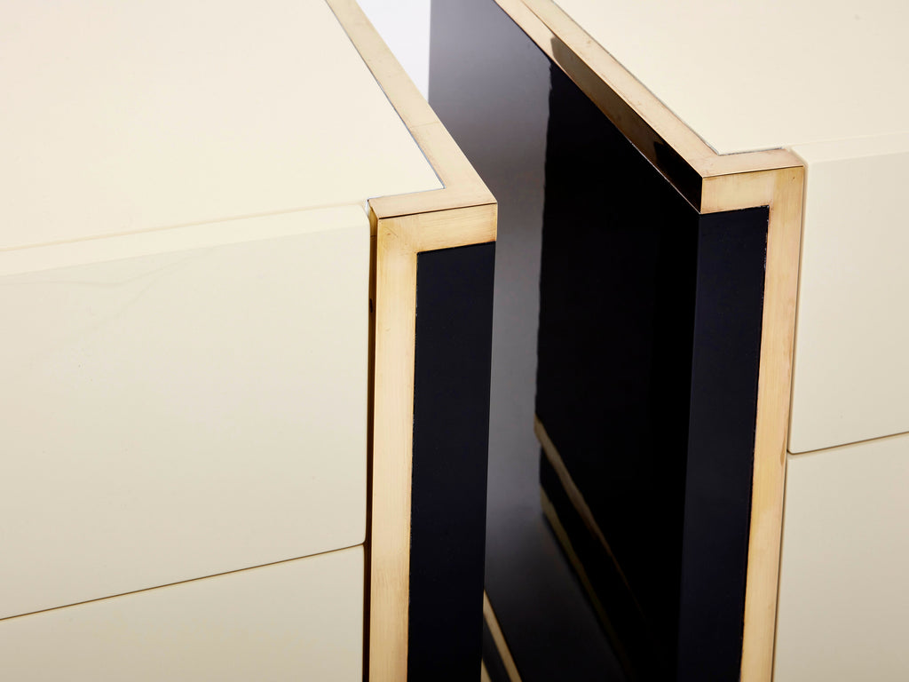 Pair of small cream black lacquer brass commodes by J.C. Mahey 1970s