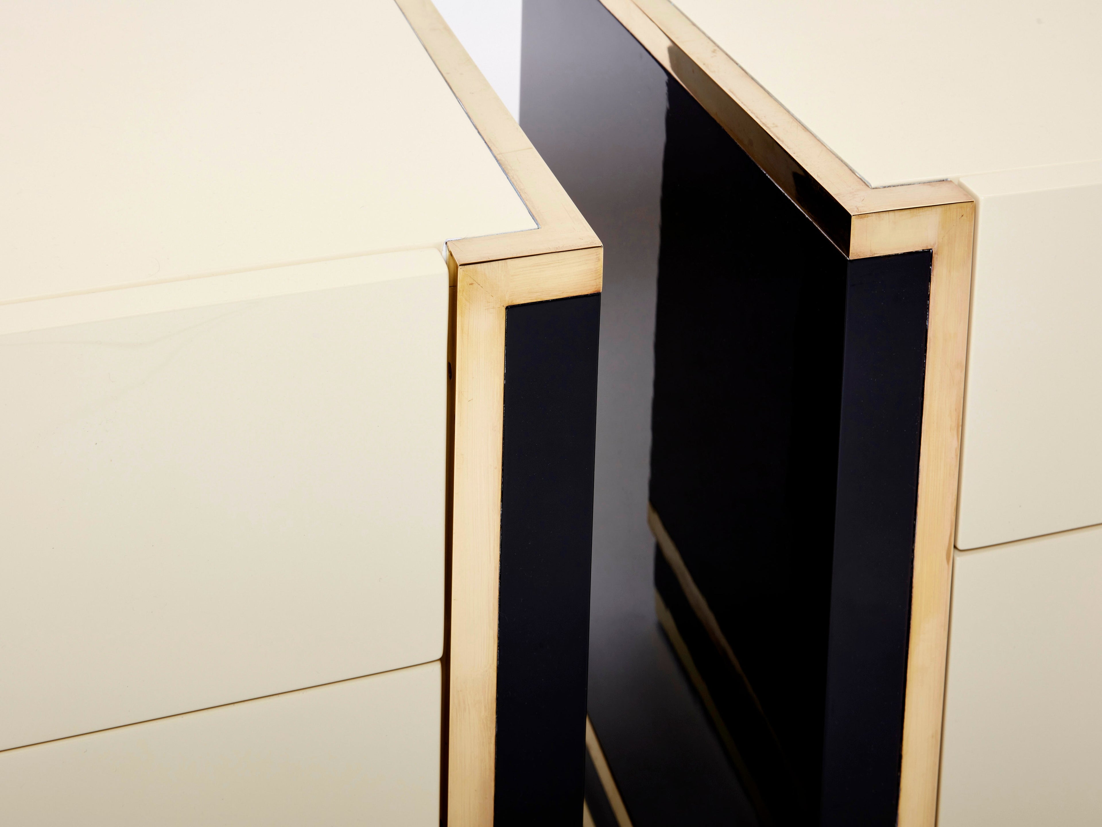 Pair of small cream black lacquer brass commodes by J.C. Mahey 1970s