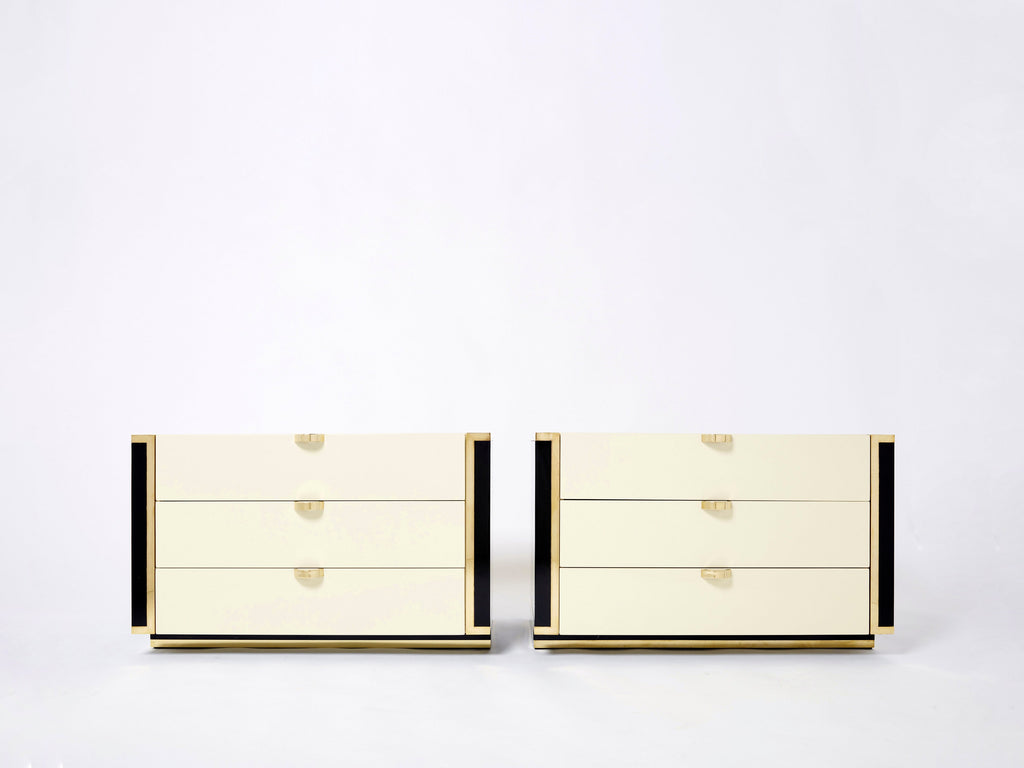 Pair of small cream black lacquer brass commodes by J.C. Mahey 1970s