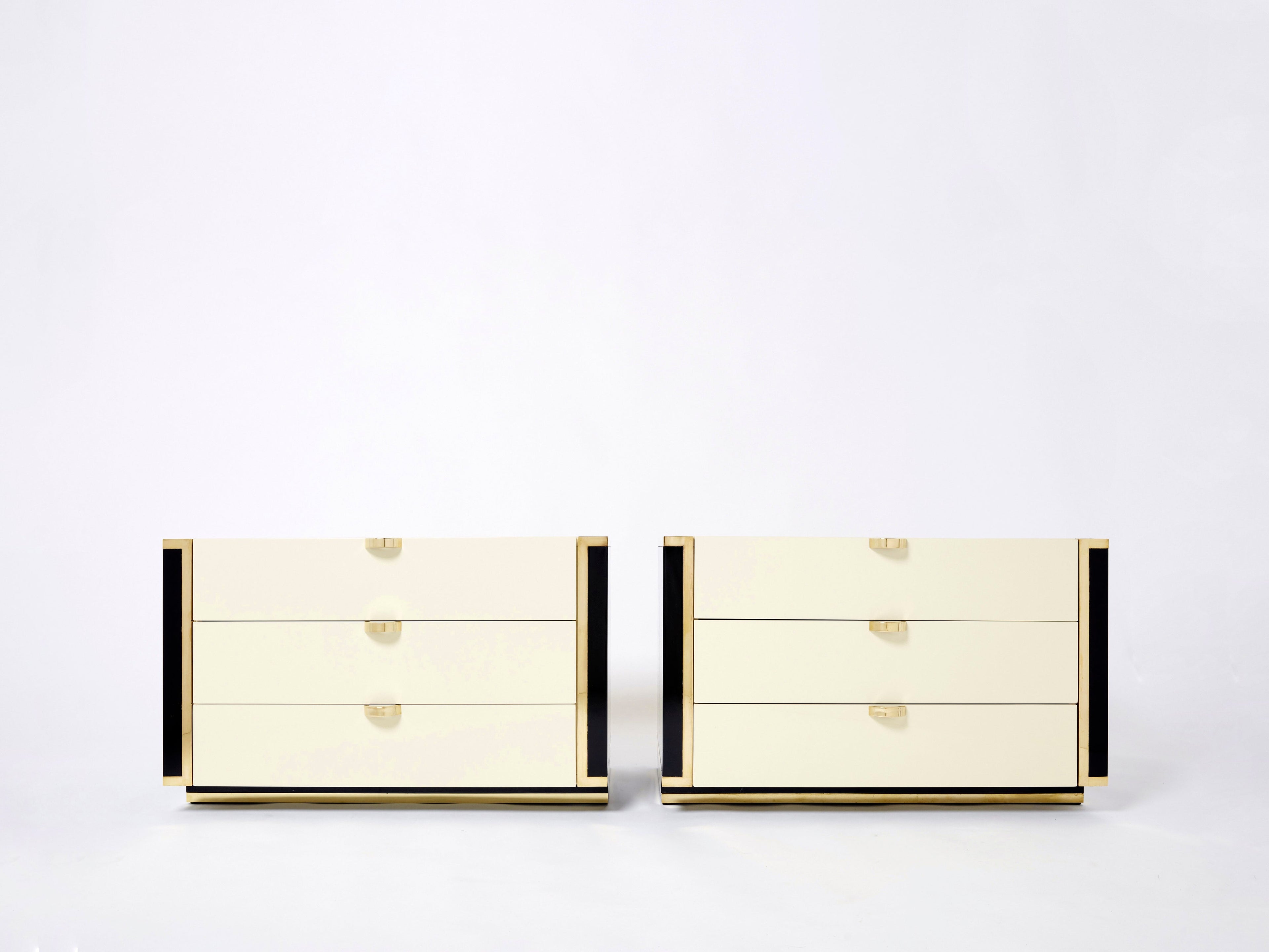Pair of small cream black lacquer brass commodes by J.C. Mahey 1970s