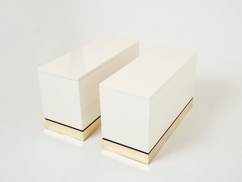 Pair of trunk end tables by J.C. Mahey brass white lacquered 1970s