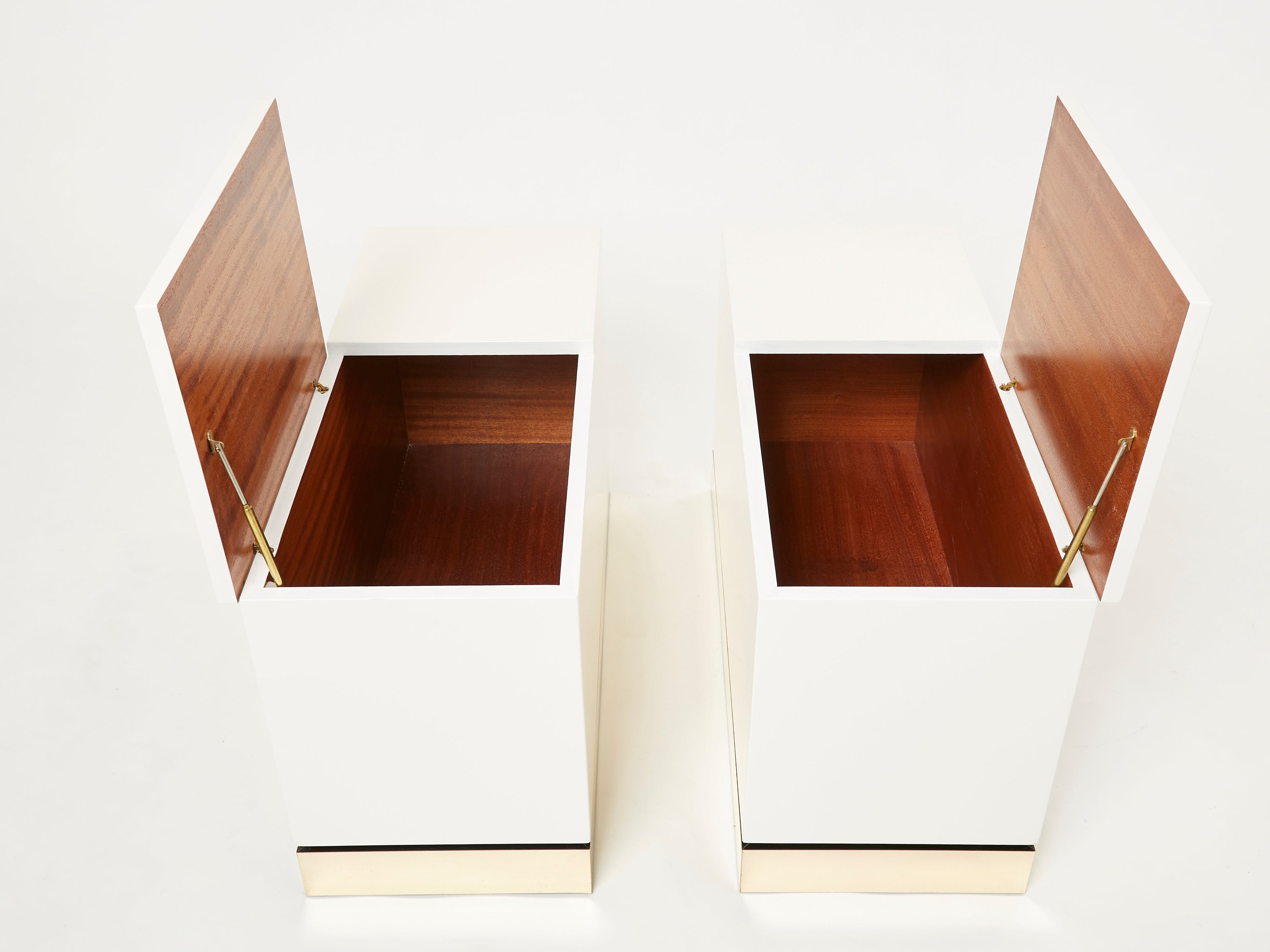 Pair of trunk end tables by J.C. Mahey brass white lacquered 1970s
