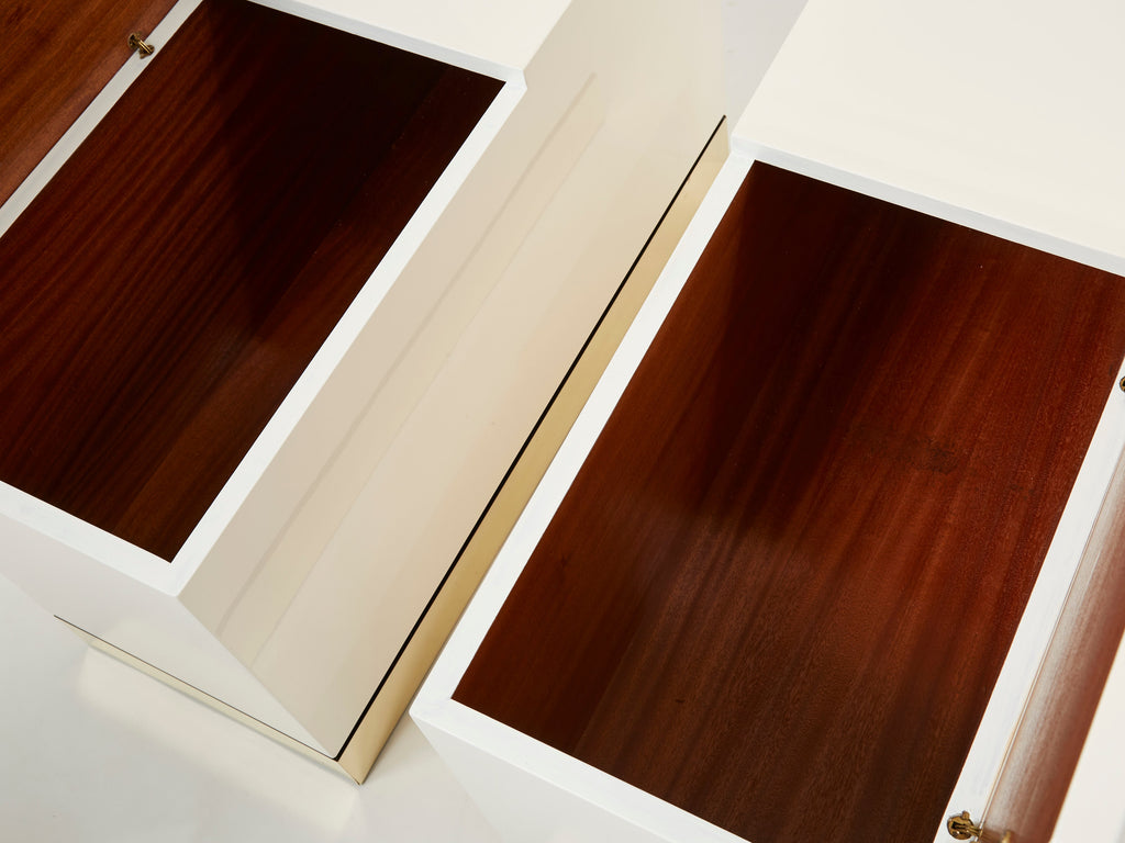 Pair of trunk end tables by J.C. Mahey brass white lacquered 1970s