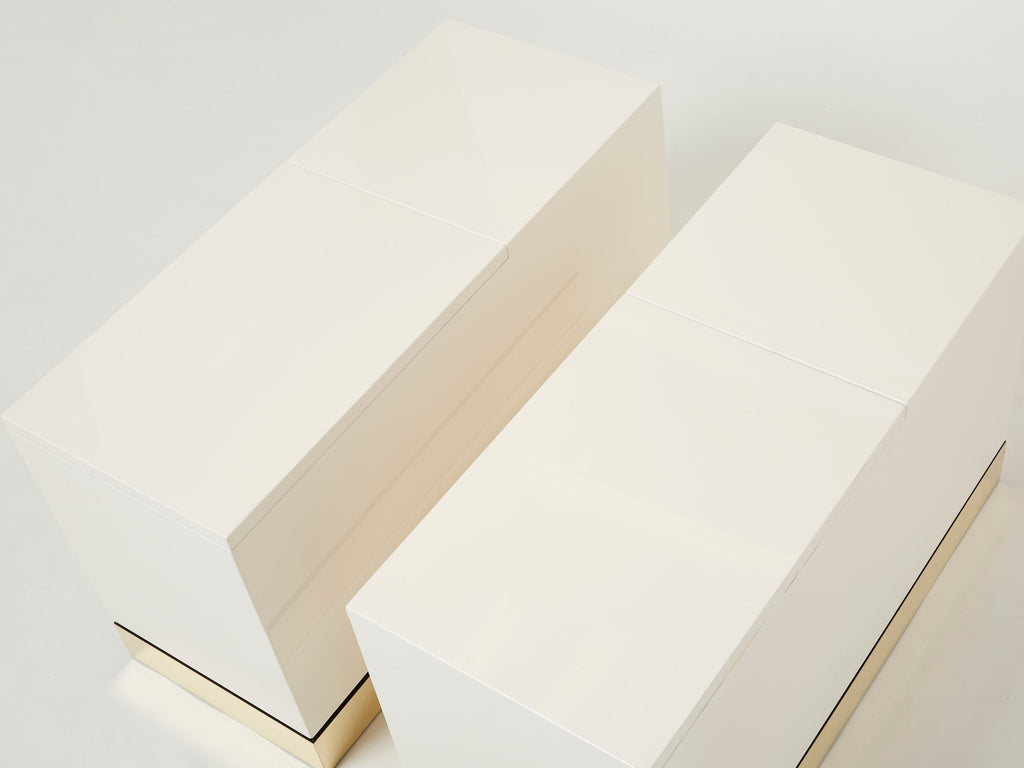 Pair of trunk end tables by J.C. Mahey brass white lacquered 1970s
