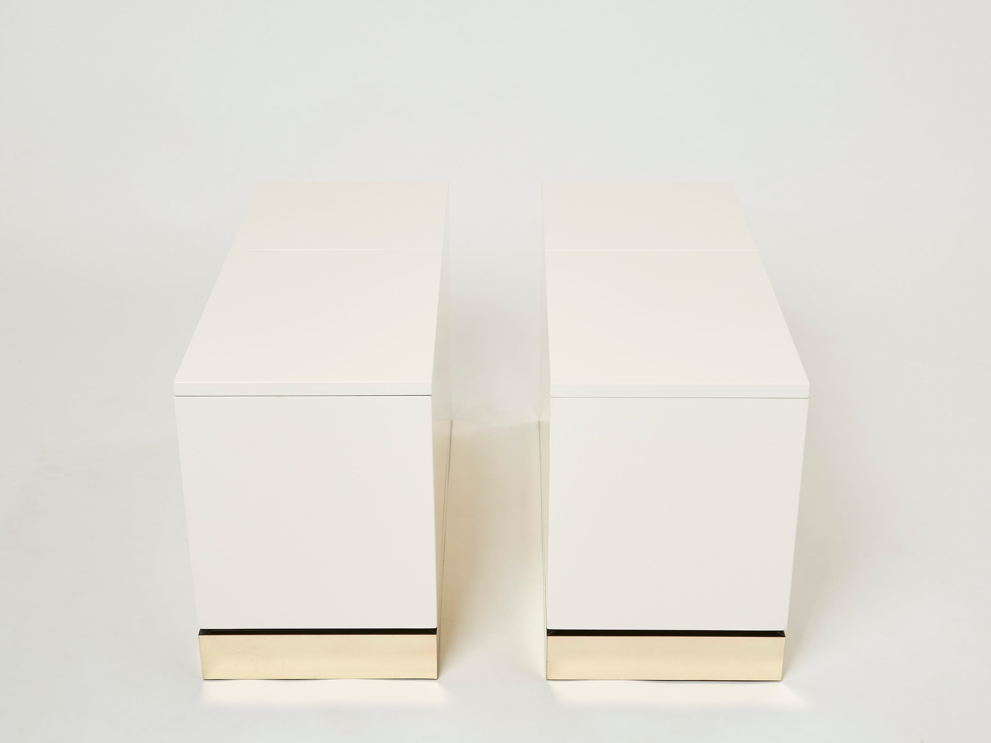 Pair of trunk end tables by J.C. Mahey brass white lacquered 1970s