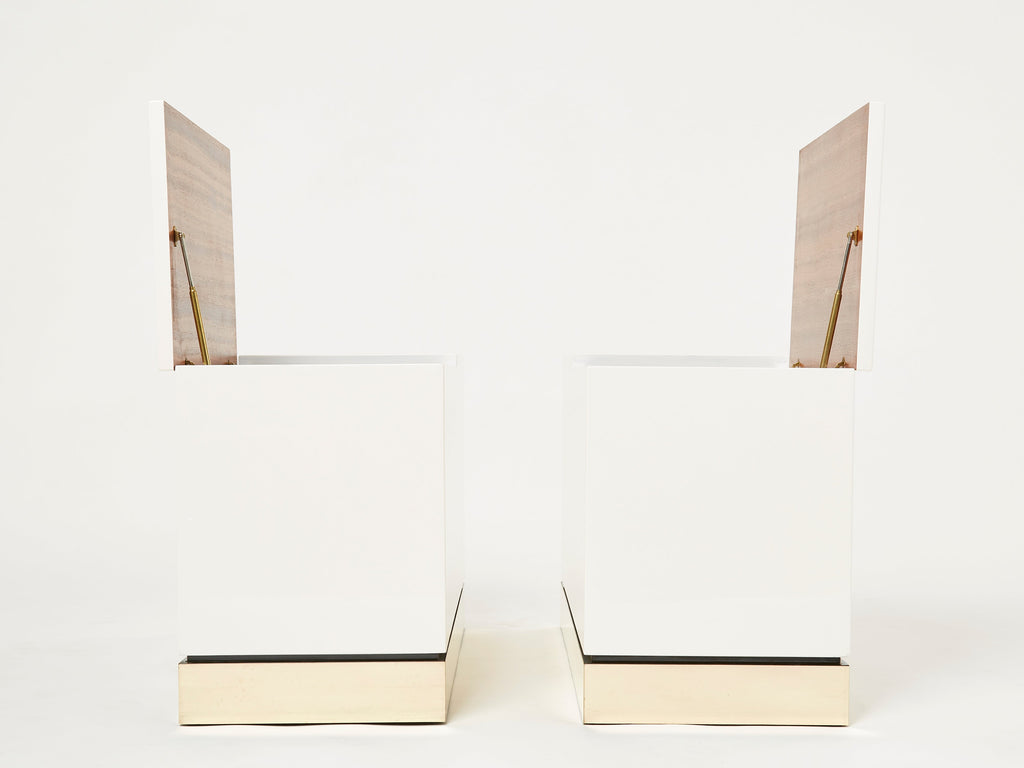 Pair of trunk end tables by J.C. Mahey brass white lacquered 1970s