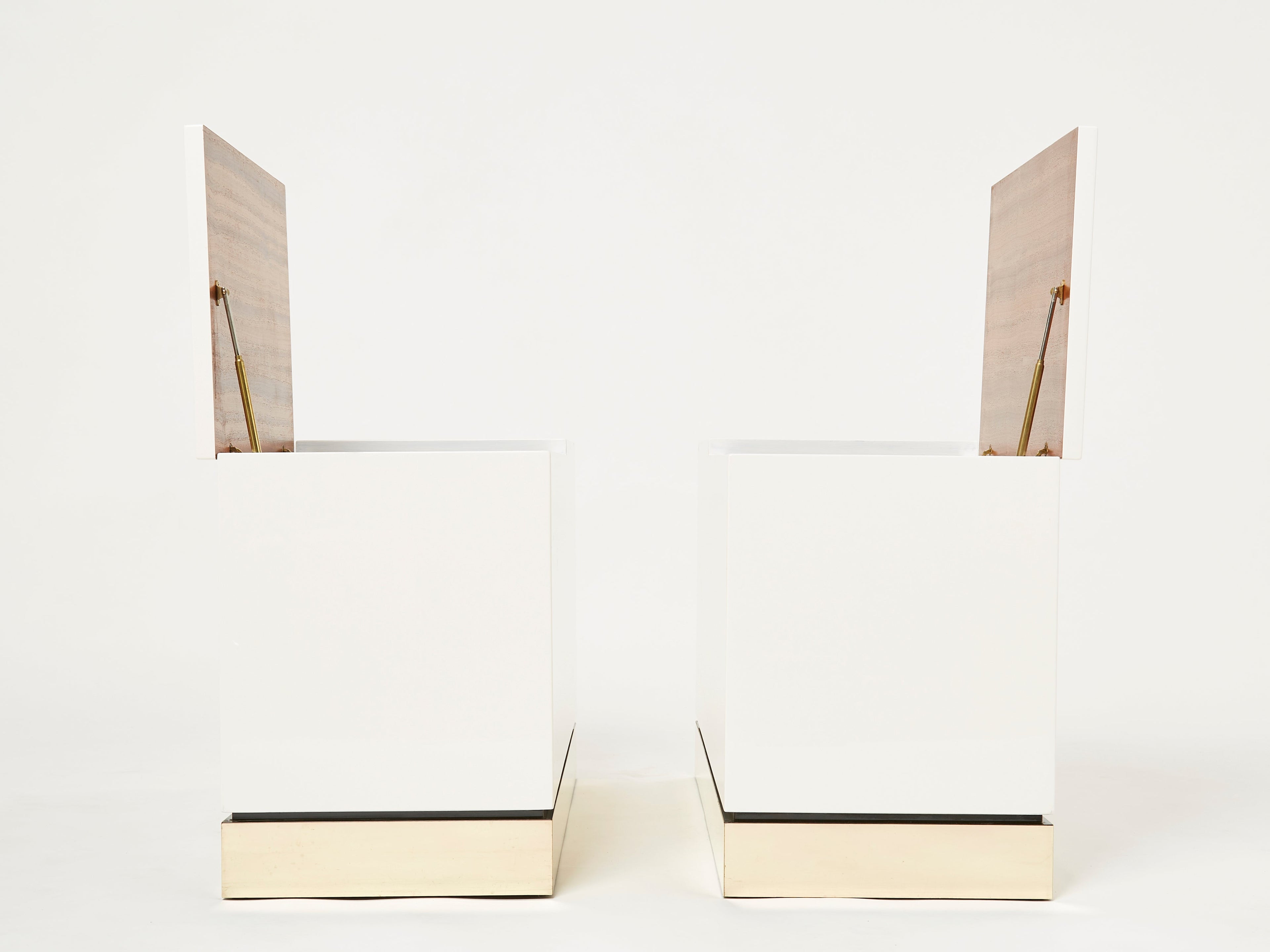 Pair of trunk end tables by J.C. Mahey brass white lacquered 1970s
