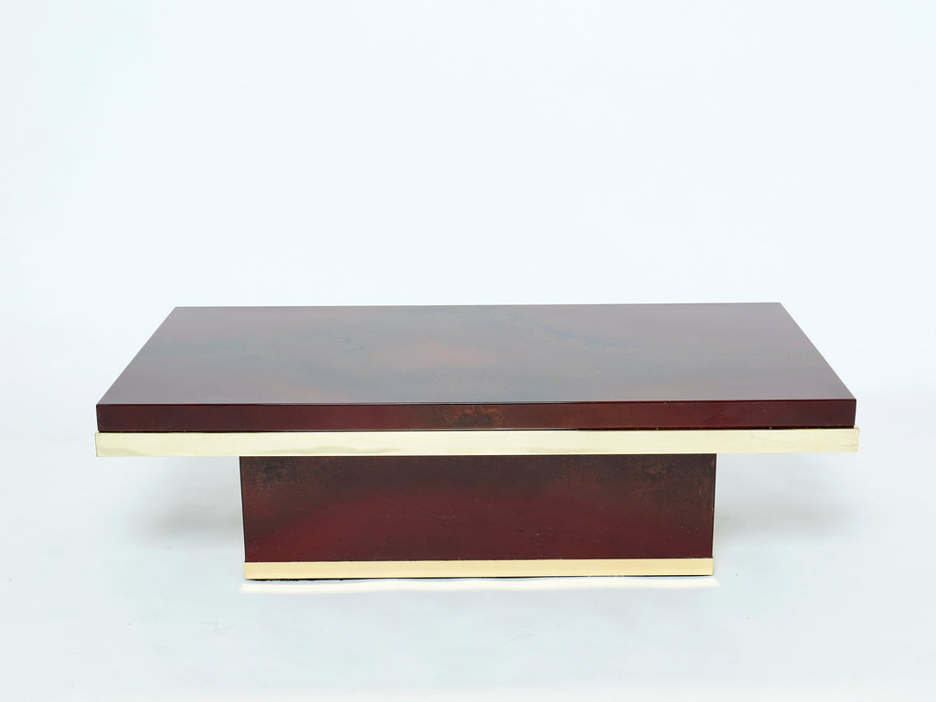 J.C. Mahey cherry red lacquer and brass coffee table 1970s