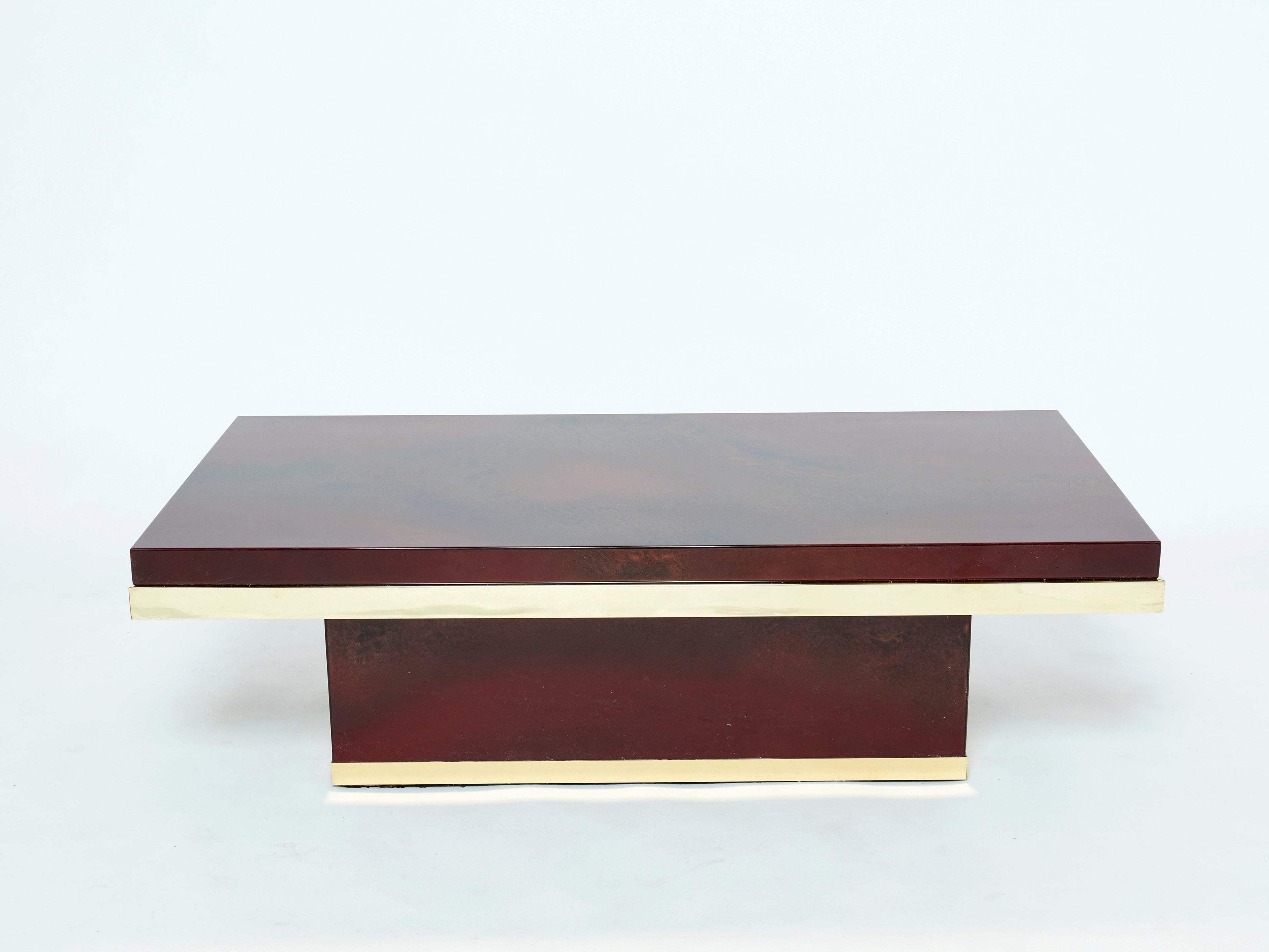 J.C. Mahey cherry red lacquer and brass coffee table 1970s
