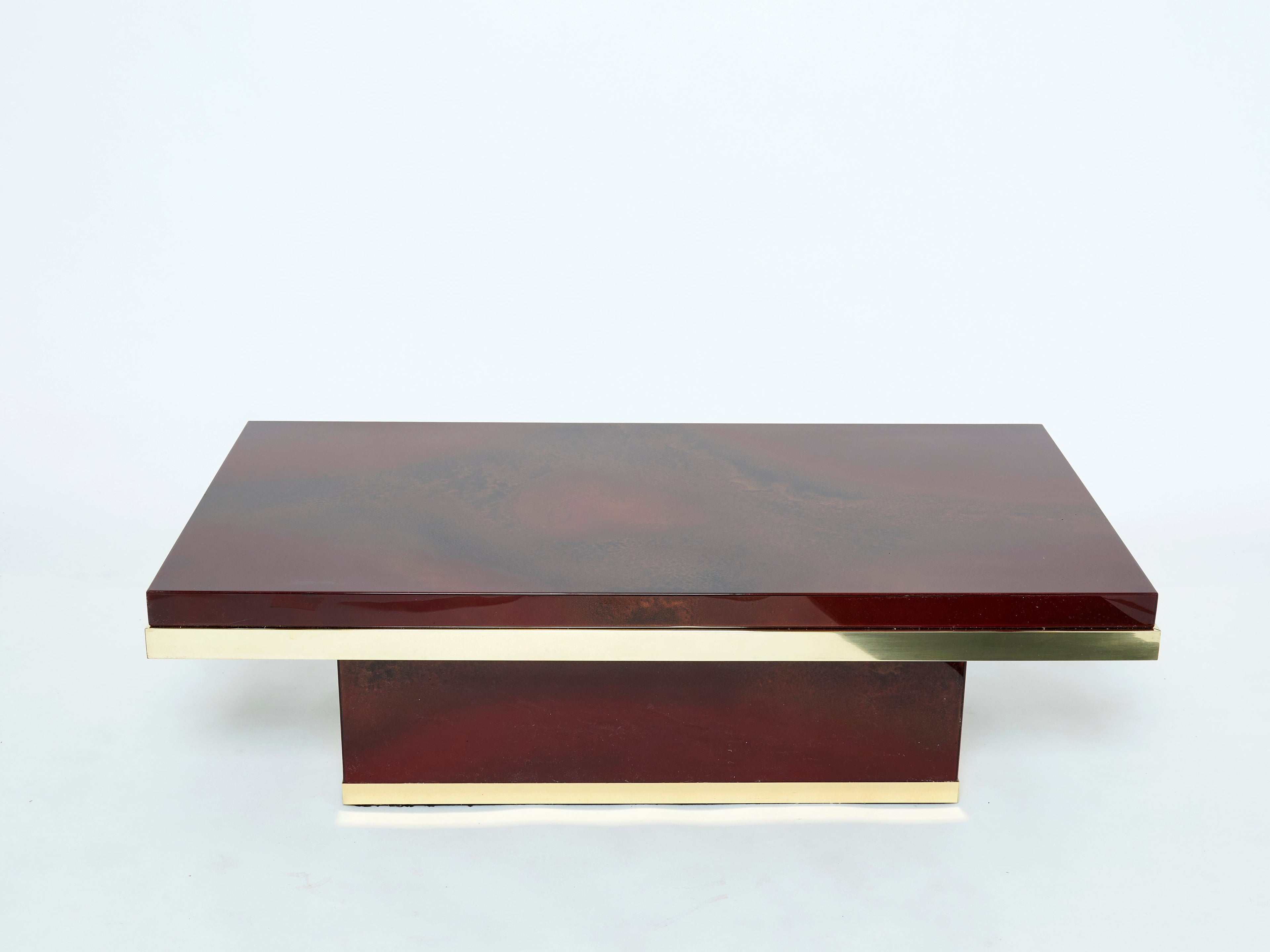 J.C. Mahey cherry red lacquer and brass coffee table 1970s