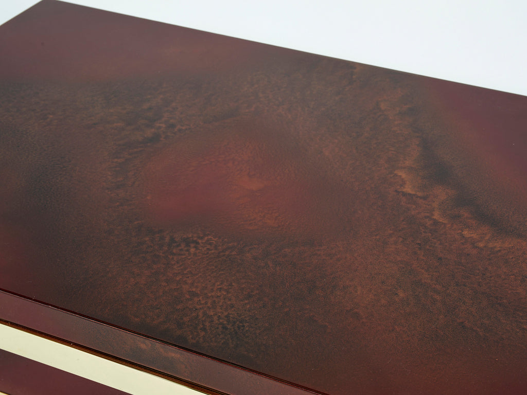 J.C. Mahey cherry red lacquer and brass coffee table 1970s