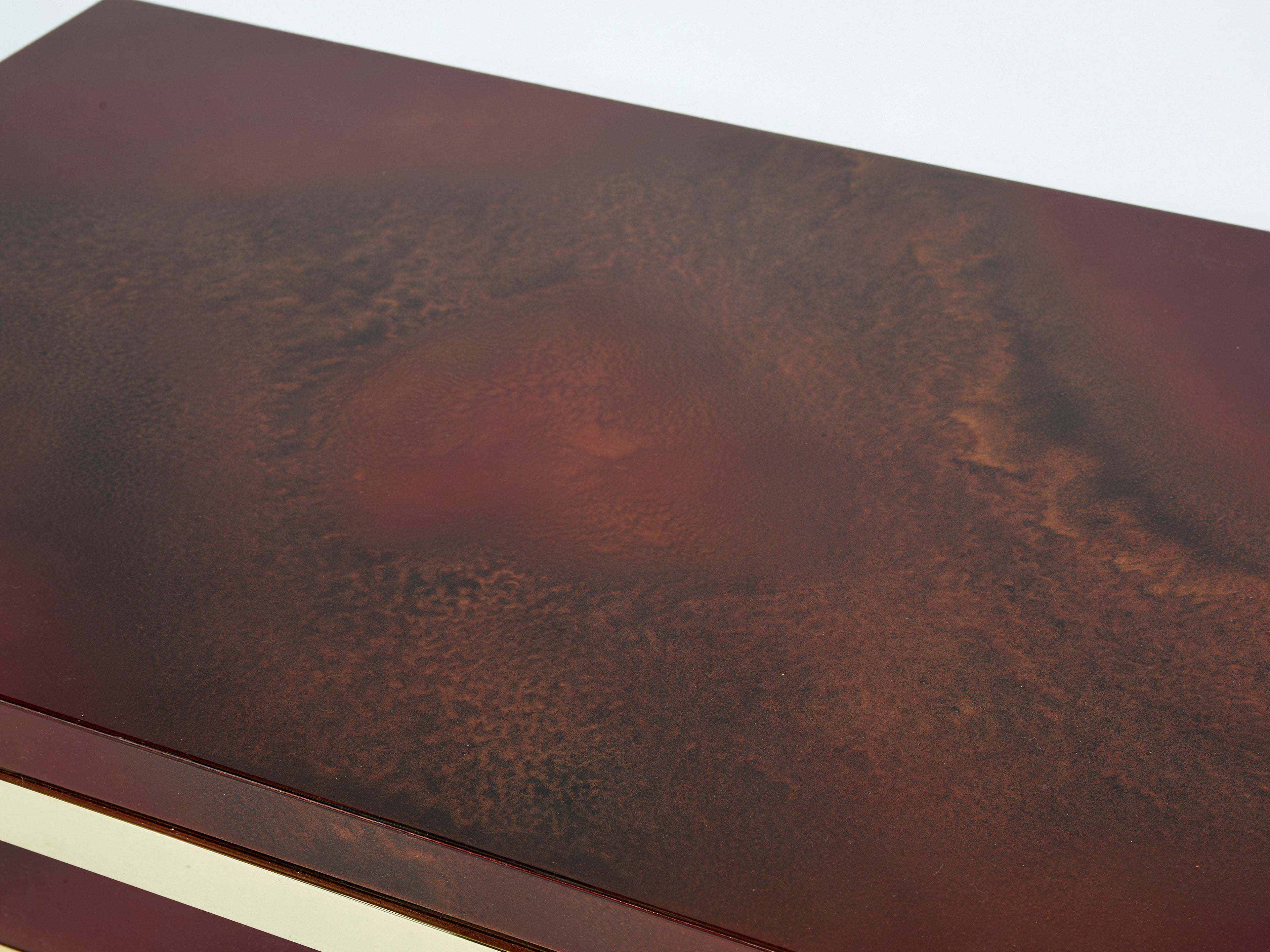 J.C. Mahey cherry red lacquer and brass coffee table 1970s