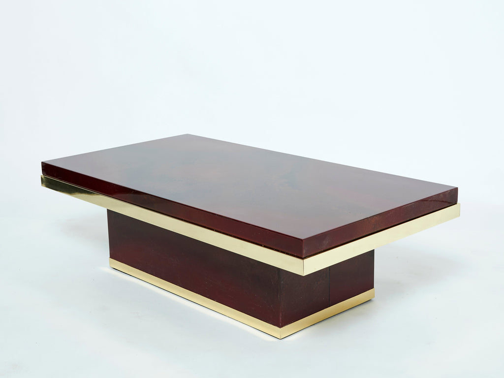J.C. Mahey cherry red lacquer and brass coffee table 1970s