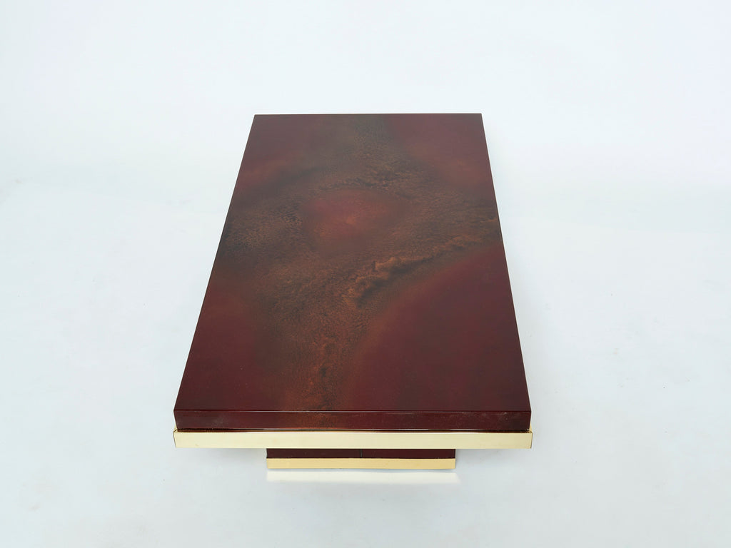 J.C. Mahey cherry red lacquer and brass coffee table 1970s