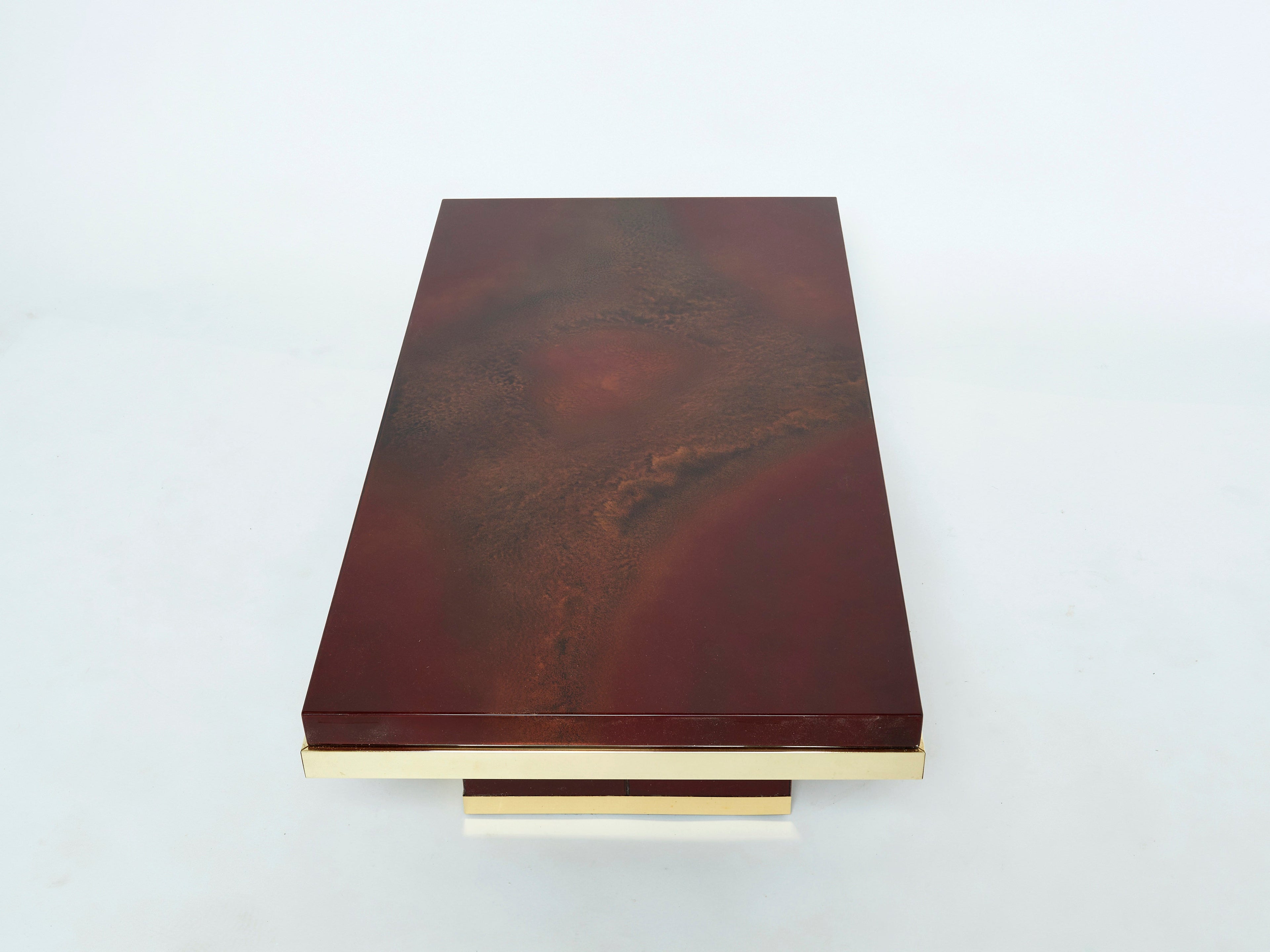 J.C. Mahey cherry red lacquer and brass coffee table 1970s