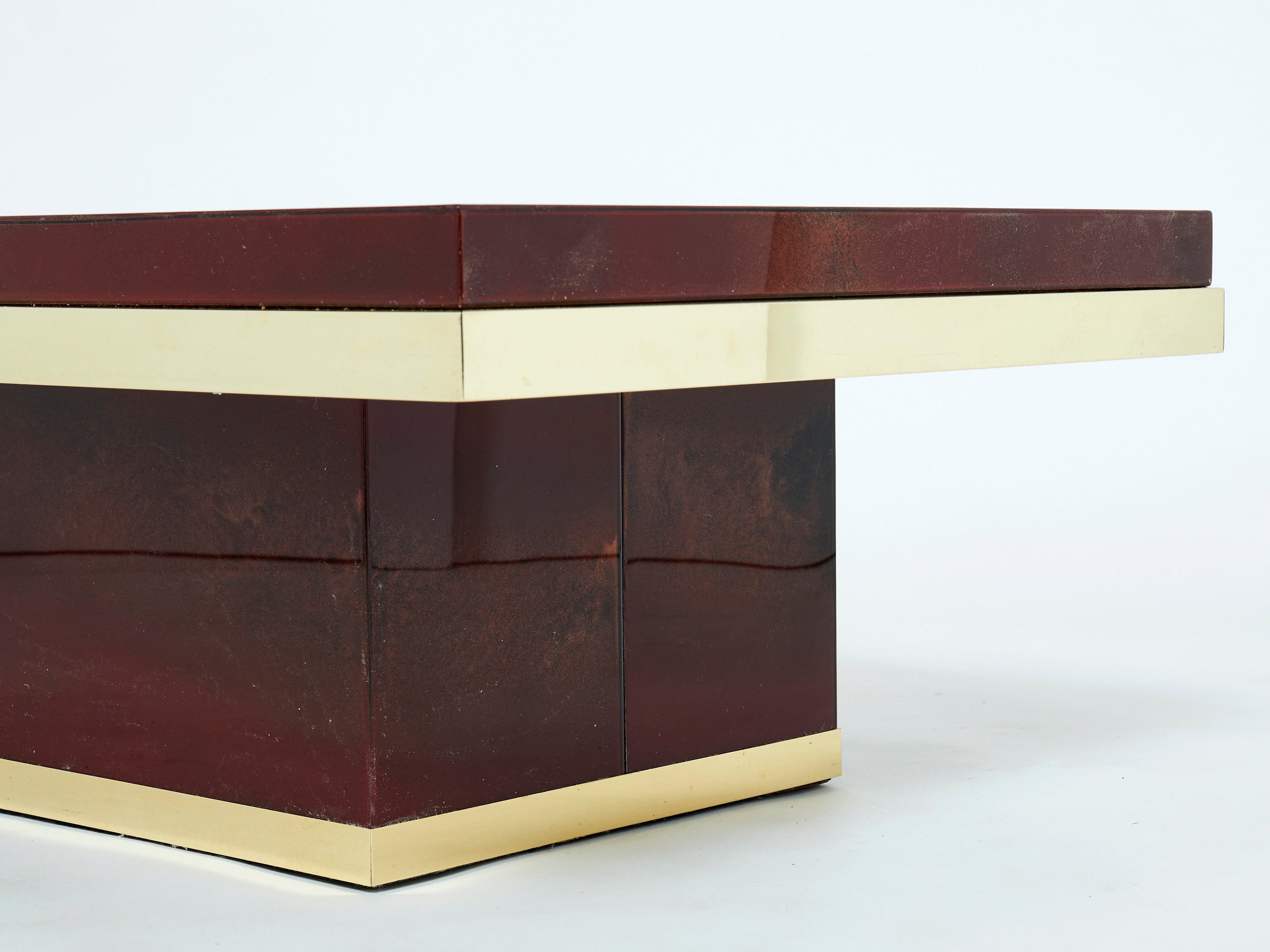 J.C. Mahey cherry red lacquer and brass coffee table 1970s