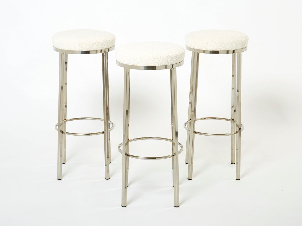 Set of three French steel bouclé bar stools by J.C. Mahey 1970s