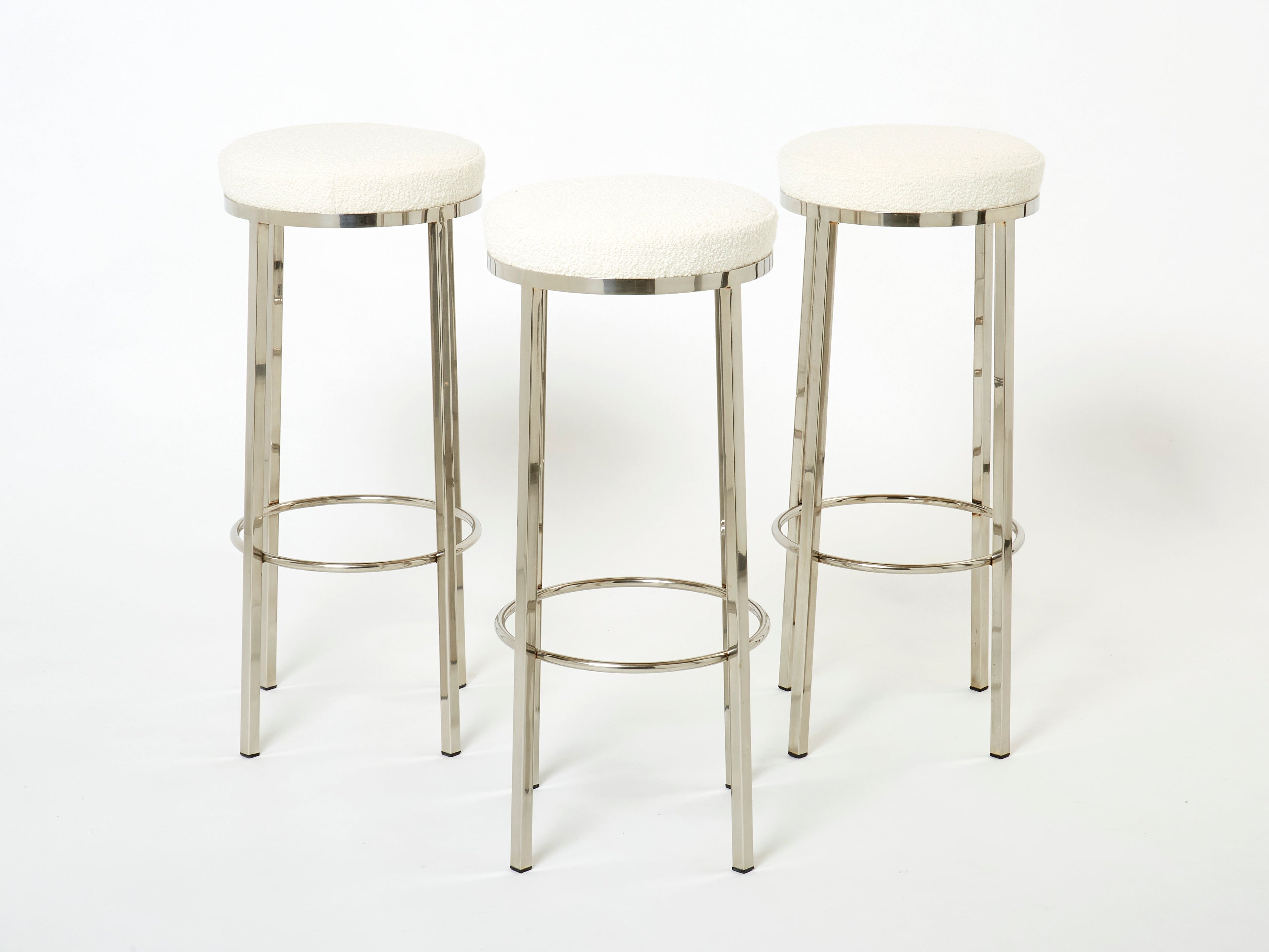 Set of three French steel bouclé bar stools by J.C. Mahey 1970s