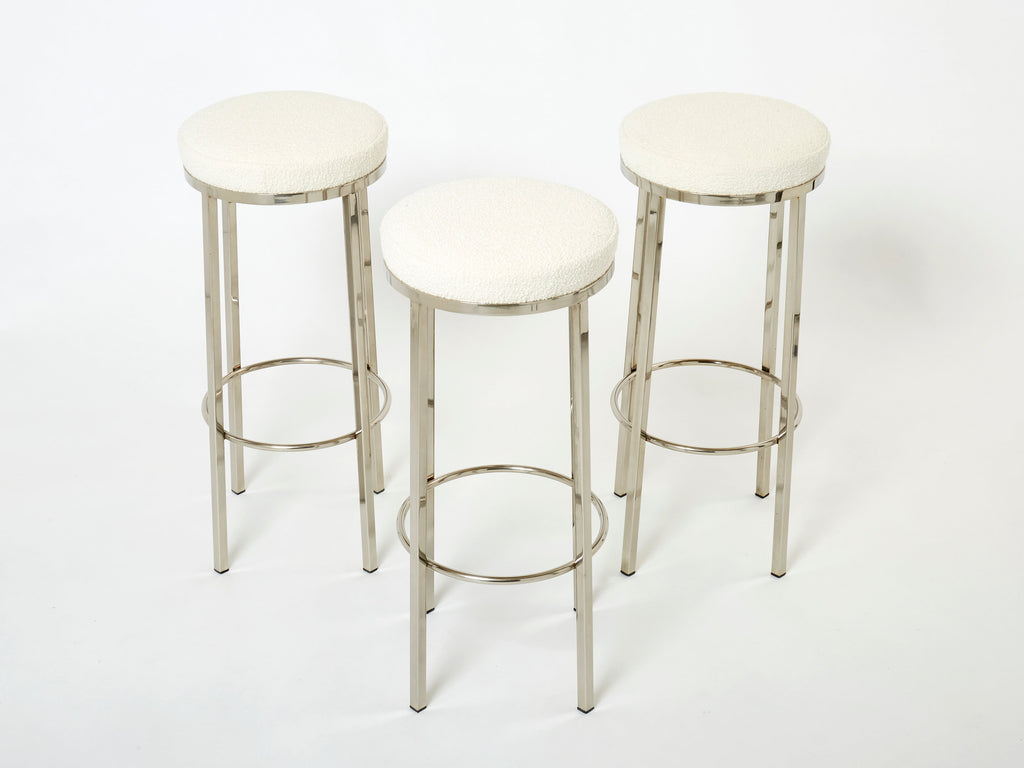 Set of three French steel bouclé bar stools by J.C. Mahey 1970s
