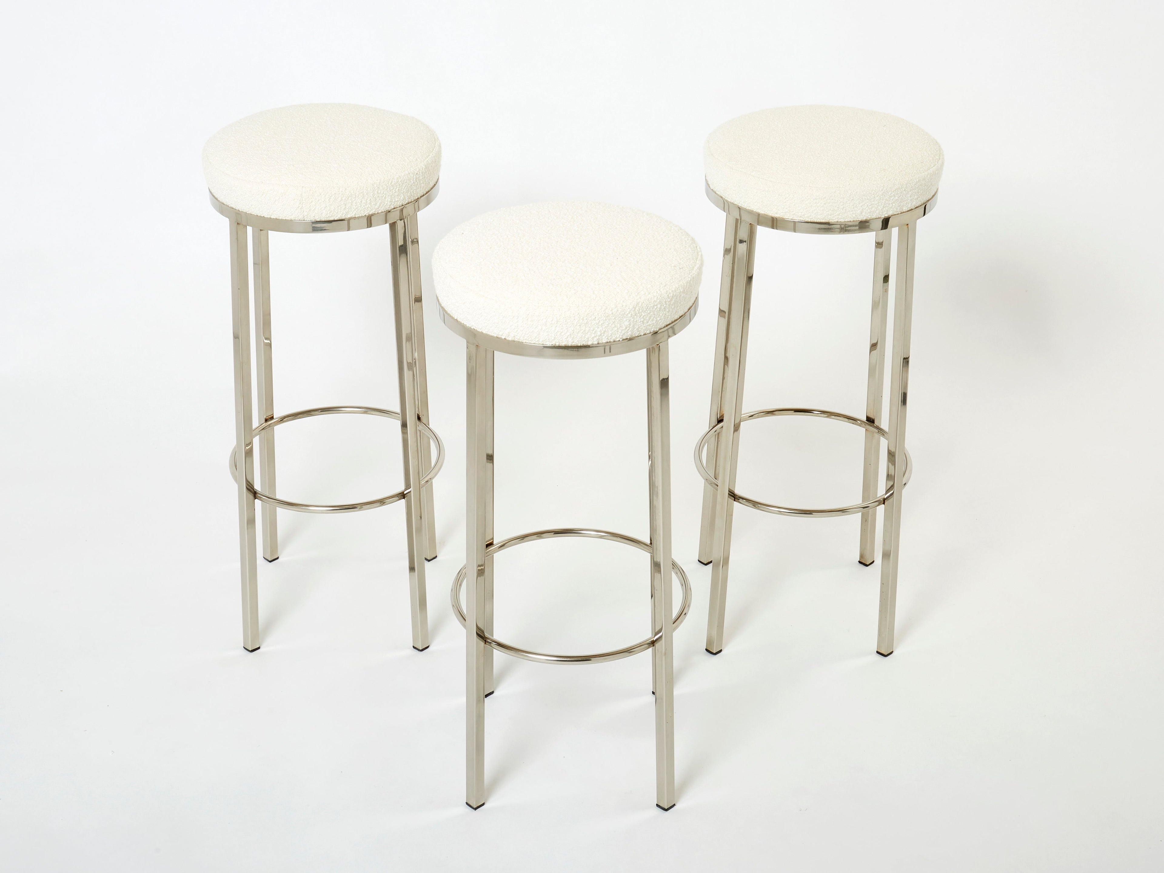 Set of three French steel bouclé bar stools by J.C. Mahey 1970s
