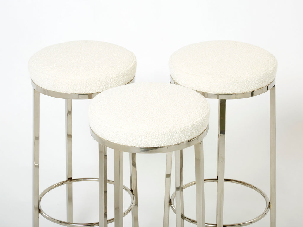 Set of three French steel bouclé bar stools by J.C. Mahey 1970s