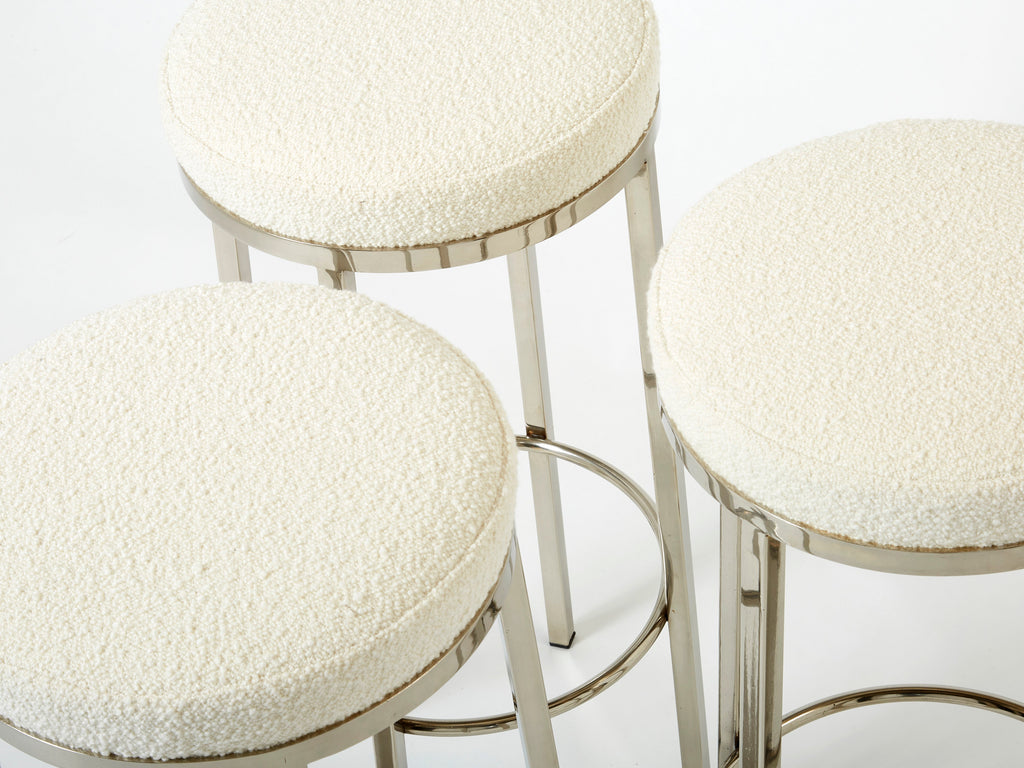 Set of three French steel bouclé bar stools by J.C. Mahey 1970s
