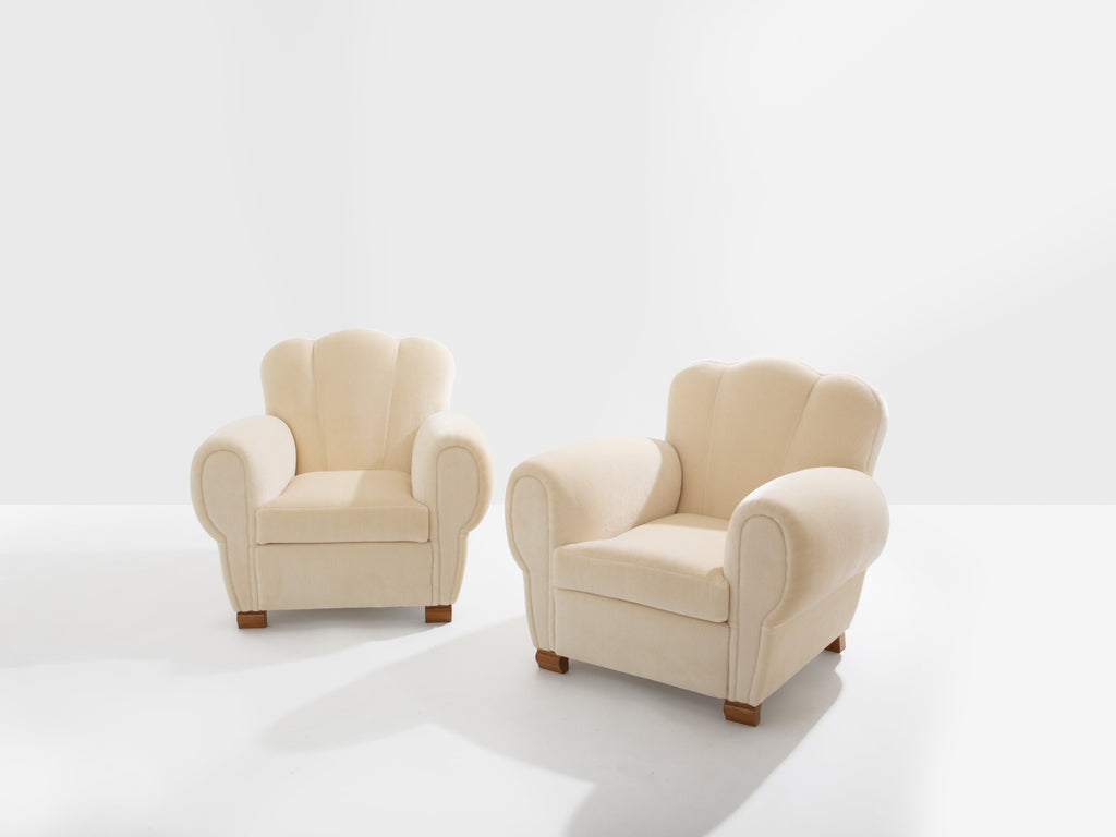Jules Leleu pair of club armchairs white mohair velvet 1940s