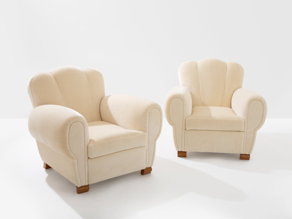 Jules Leleu pair of club armchairs white mohair velvet 1940s