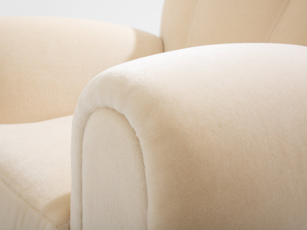 Jules Leleu pair of club armchairs white mohair velvet 1940s