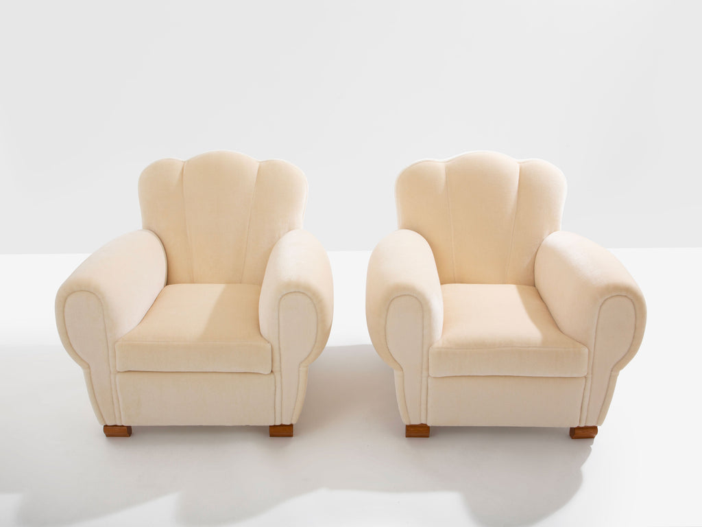 Jules Leleu pair of club armchairs white mohair velvet 1940s