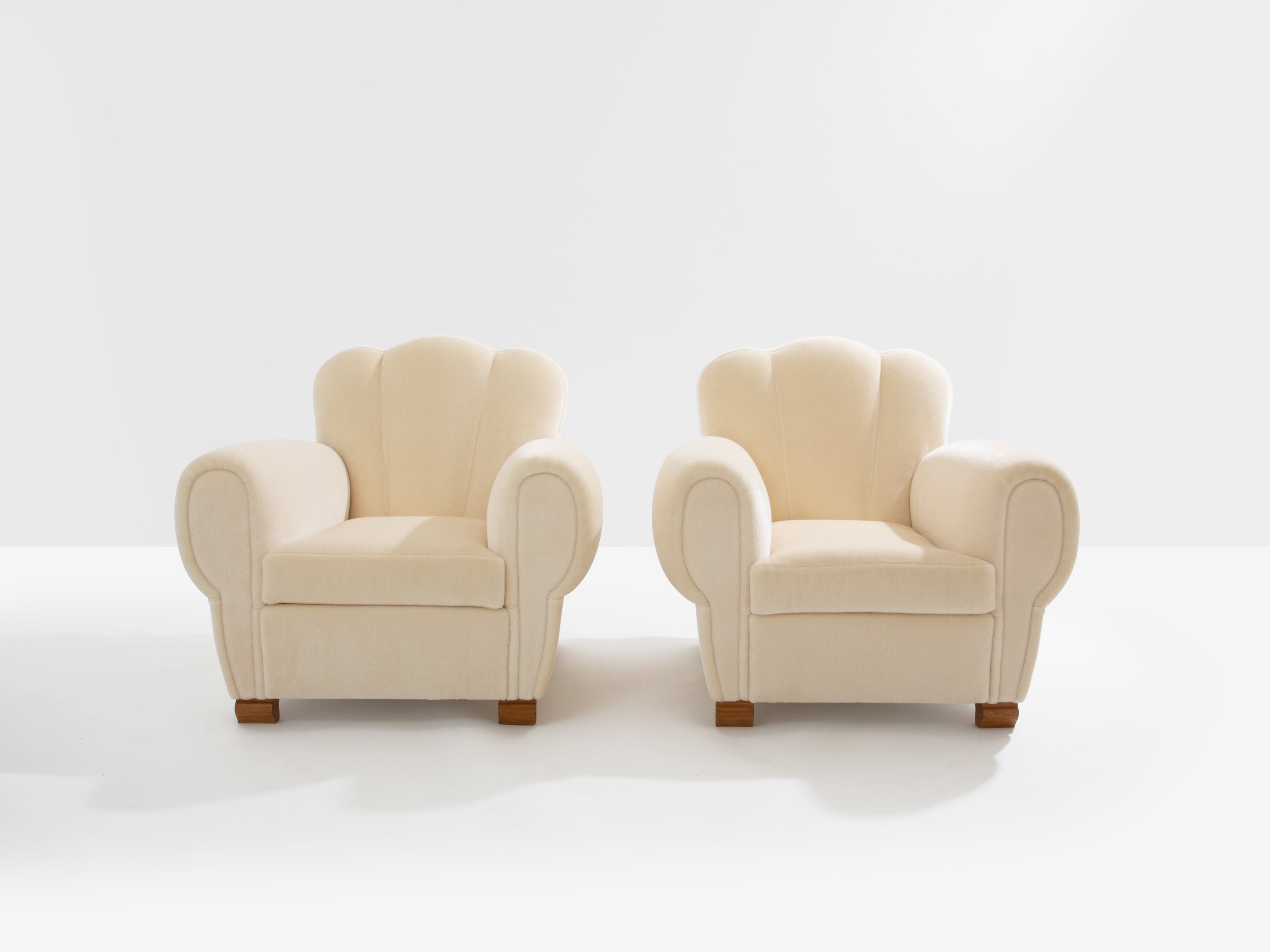 Jules Leleu pair of club armchairs white mohair velvet 1940s