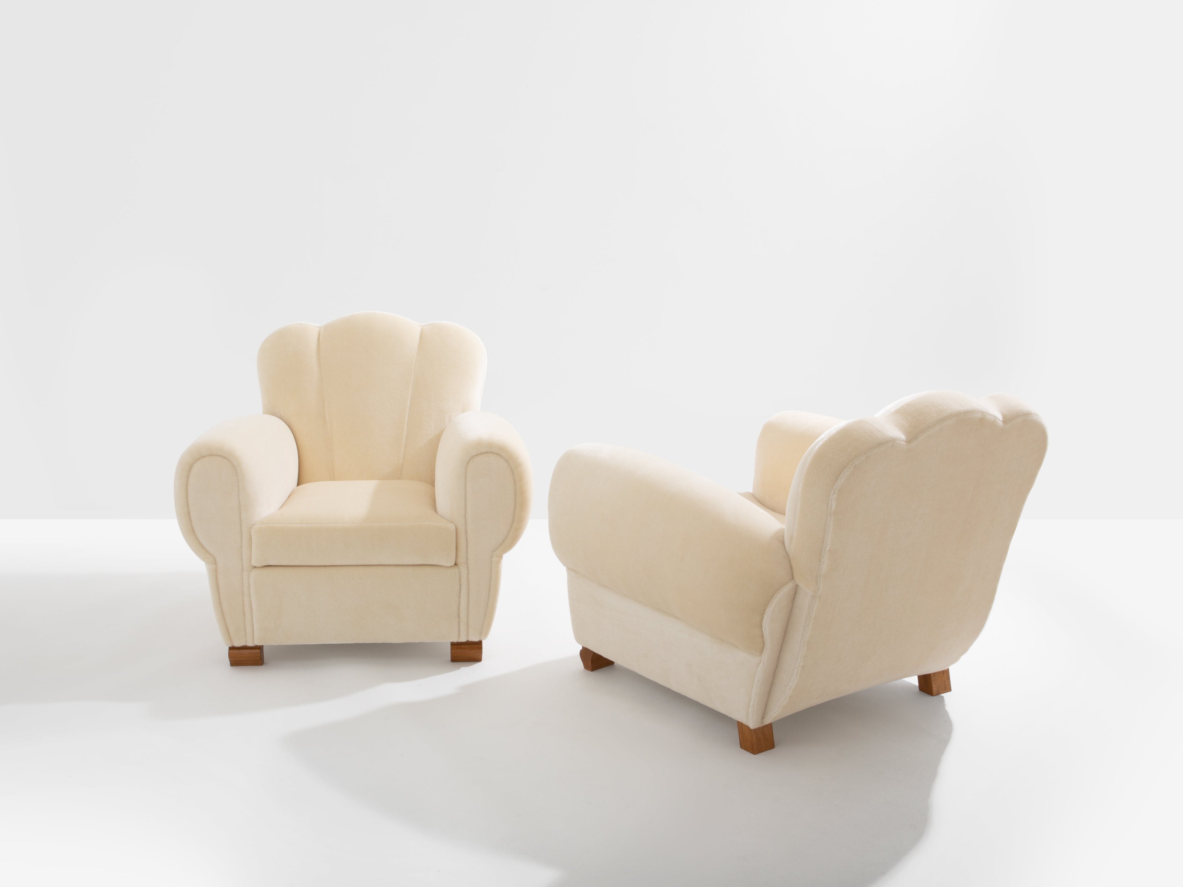 Jules Leleu pair of club armchairs white mohair velvet 1940s