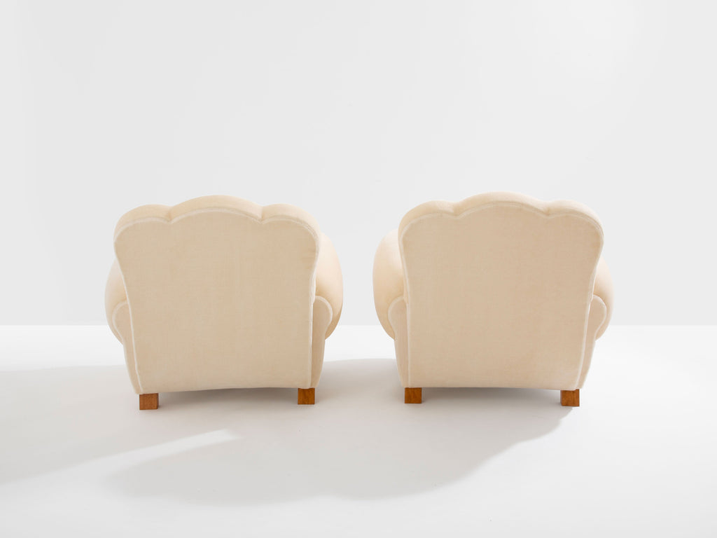 Jules Leleu pair of club armchairs white mohair velvet 1940s