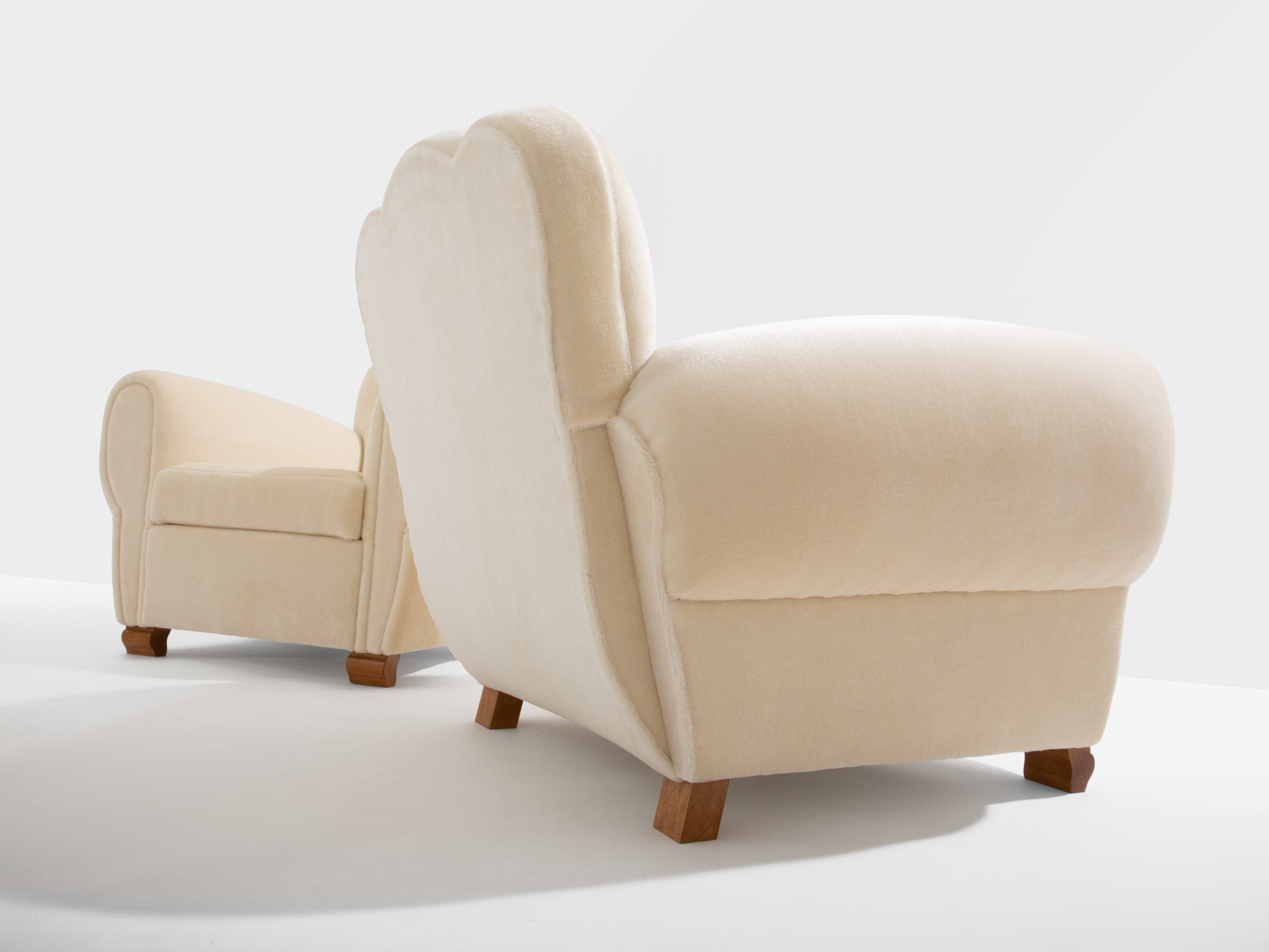 Jules Leleu pair of club armchairs white mohair velvet 1940s