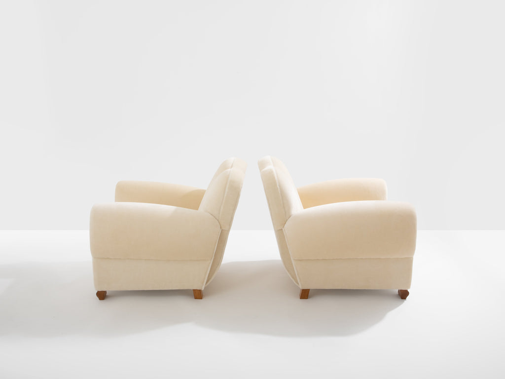 Jules Leleu pair of club armchairs white mohair velvet 1940s
