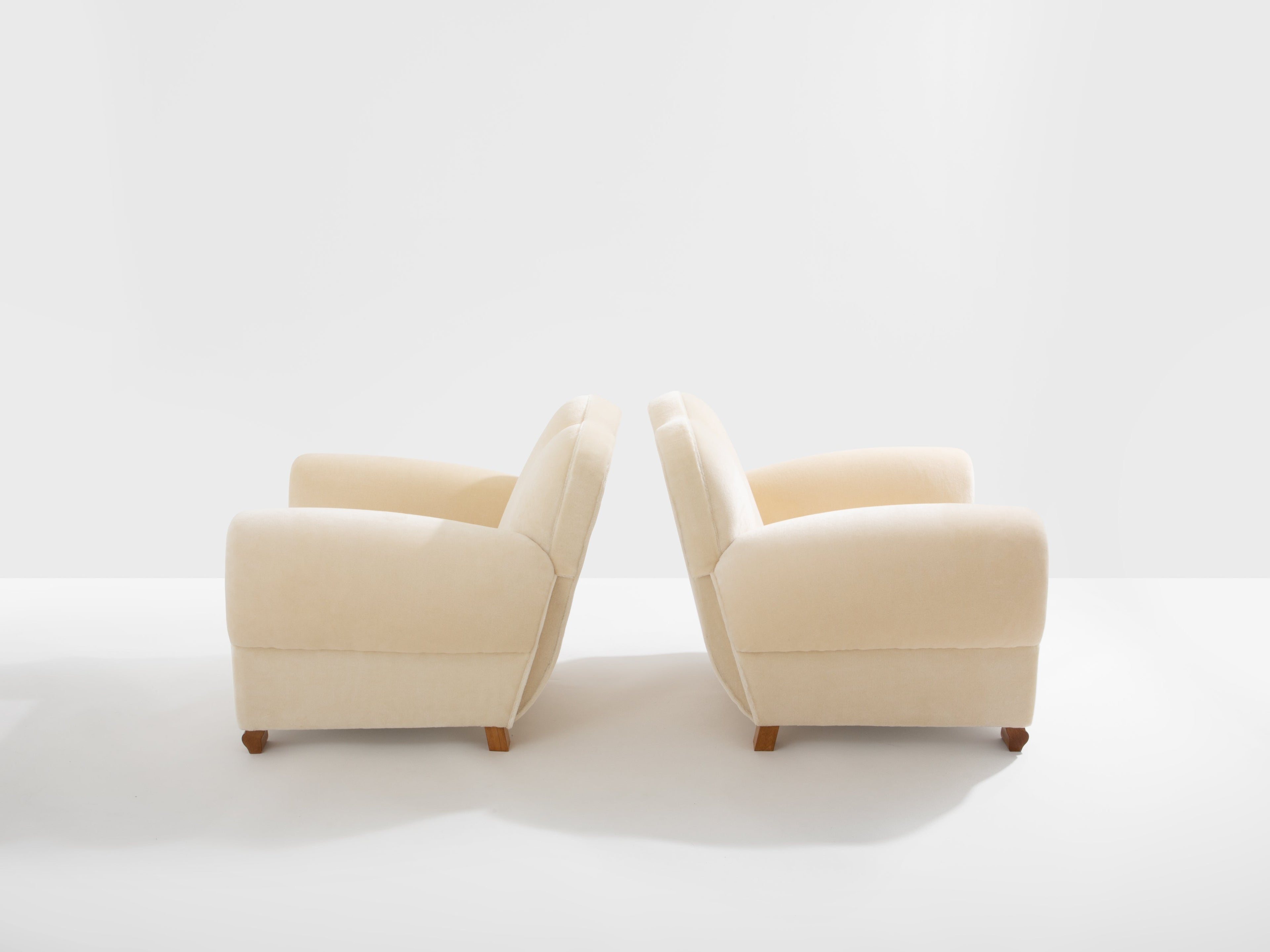 Jules Leleu pair of club armchairs white mohair velvet 1940s