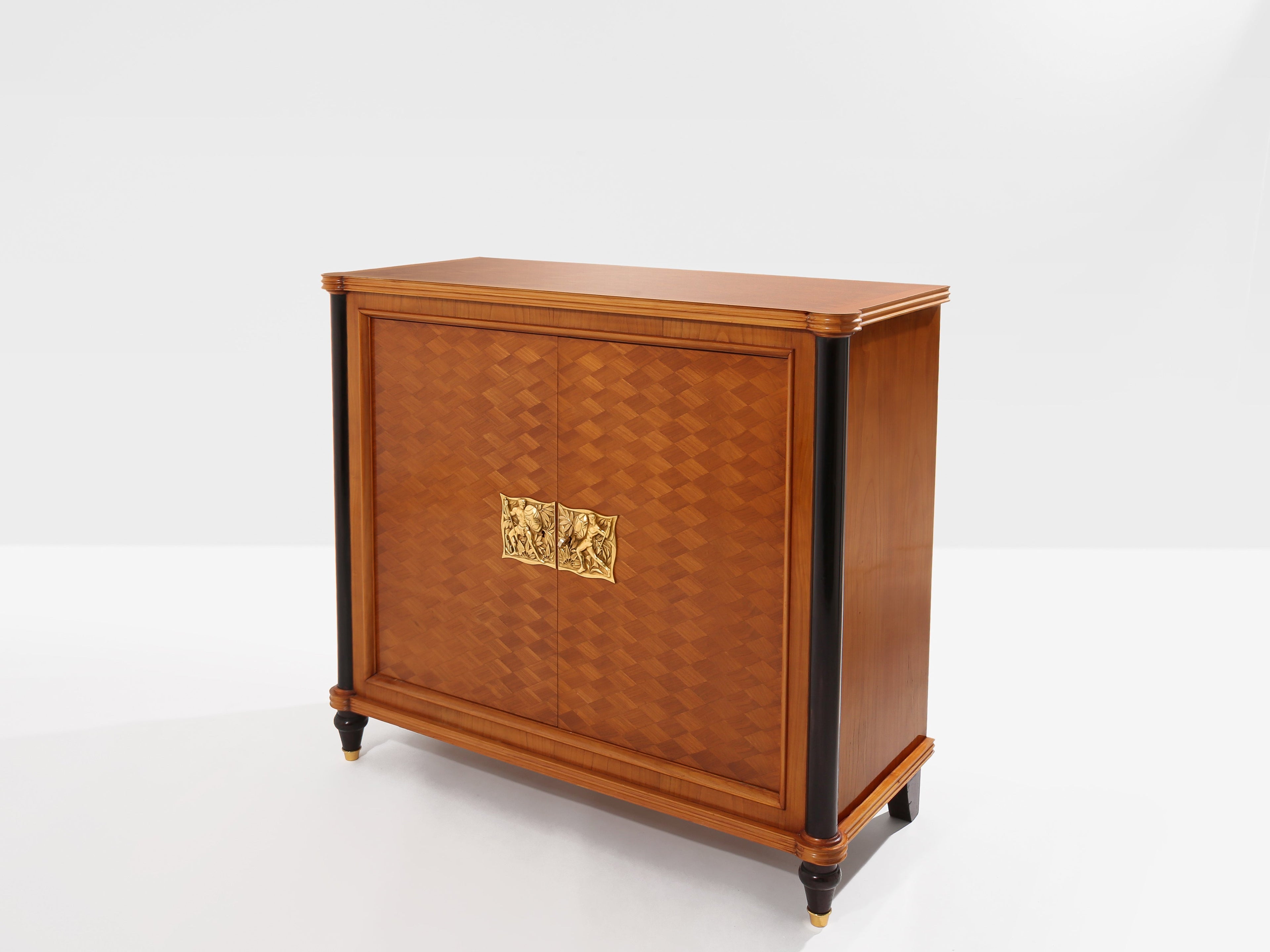 Jules Leleu two doors cabinet cherry wood marquetry bronze 1940