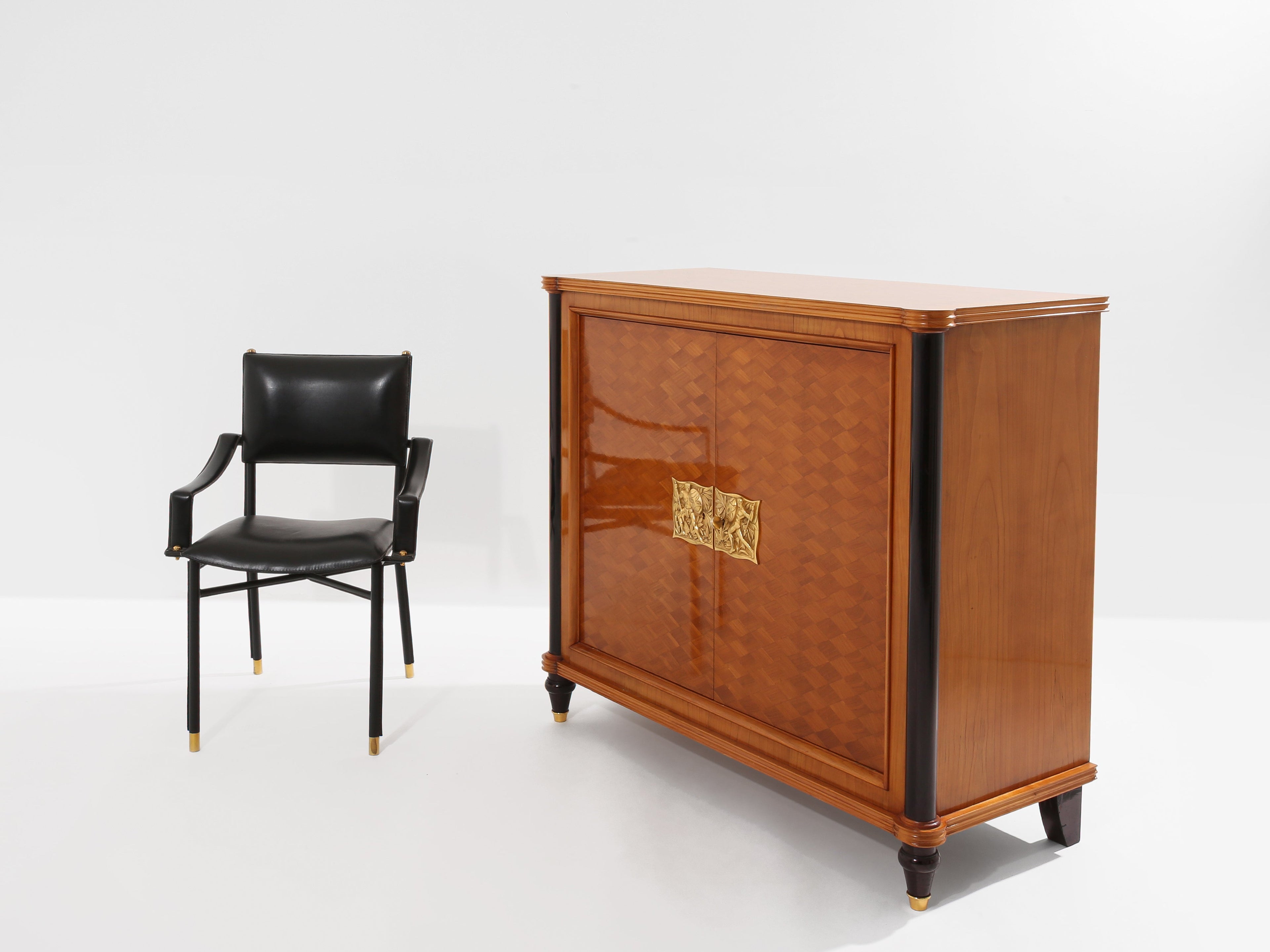Jules Leleu two doors cabinet cherry wood marquetry bronze 1940